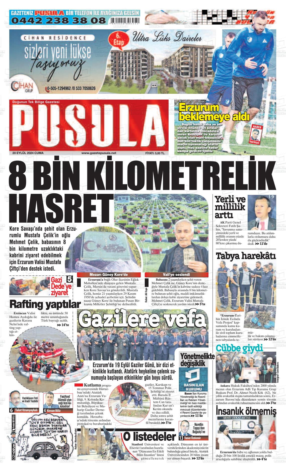 20 Eylül 2024 Erzurum Pusula Gazete Manşeti