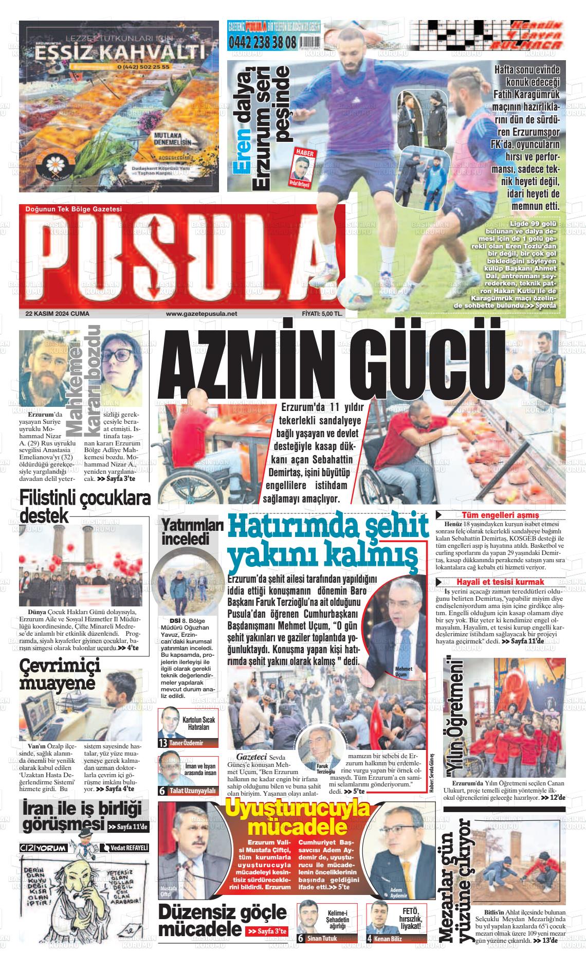 22 Kasım 2024 Erzurum Pusula Gazete Manşeti