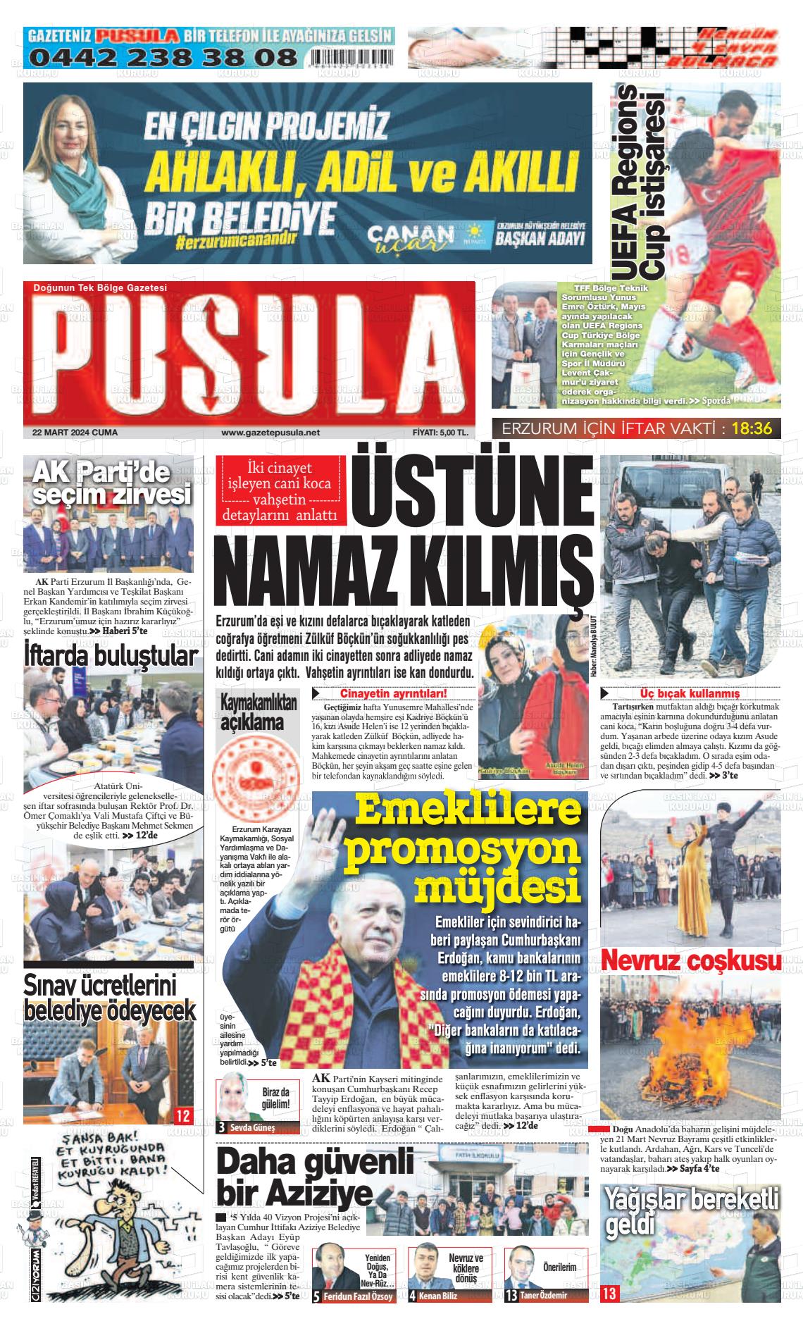 22 Mart 2024 Erzurum Pusula Gazete Manşeti