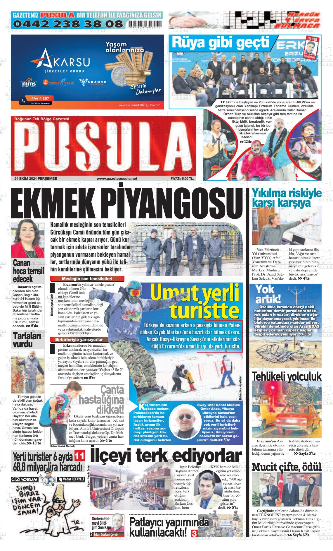 24 Ekim 2024 Erzurum Pusula Gazete Manşeti