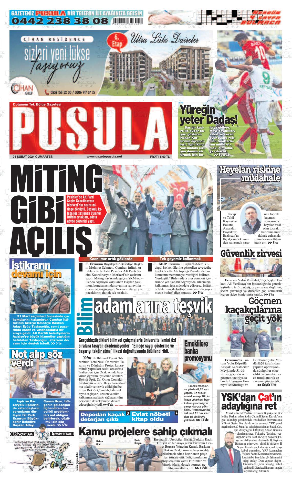 24 Şubat 2024 Erzurum Pusula Gazete Manşeti