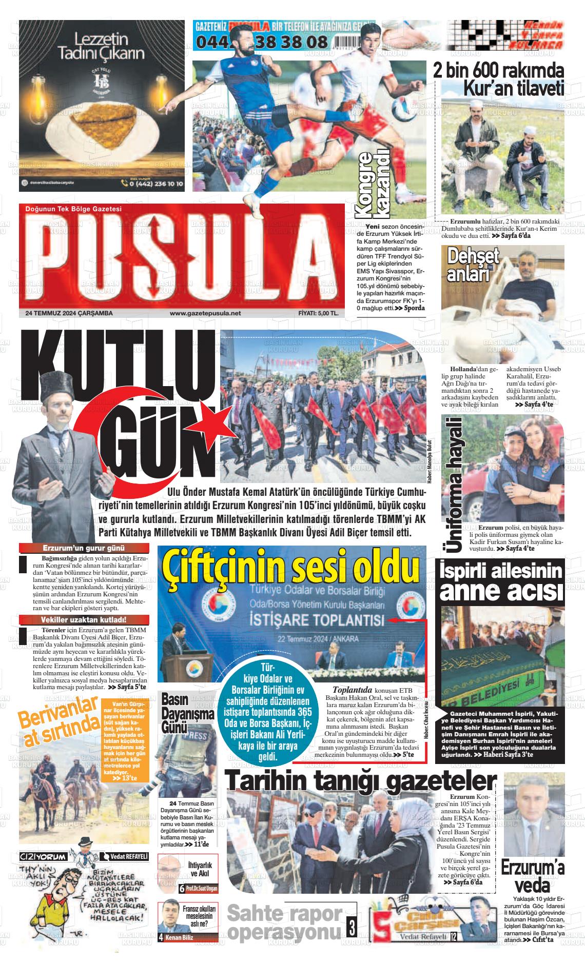 24 Temmuz 2024 Erzurum Pusula Gazete Manşeti