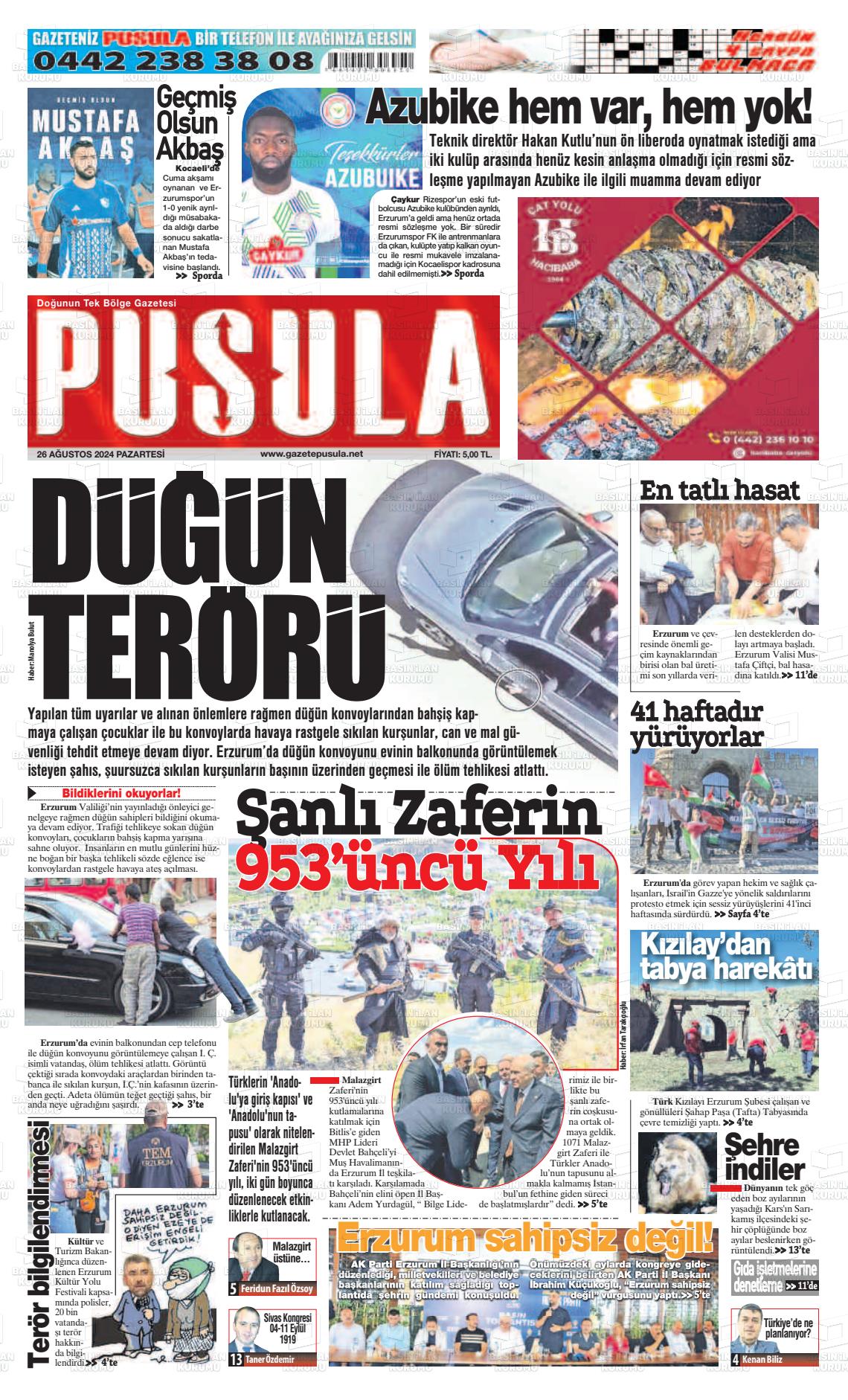 26 Ağustos 2024 Erzurum Pusula Gazete Manşeti