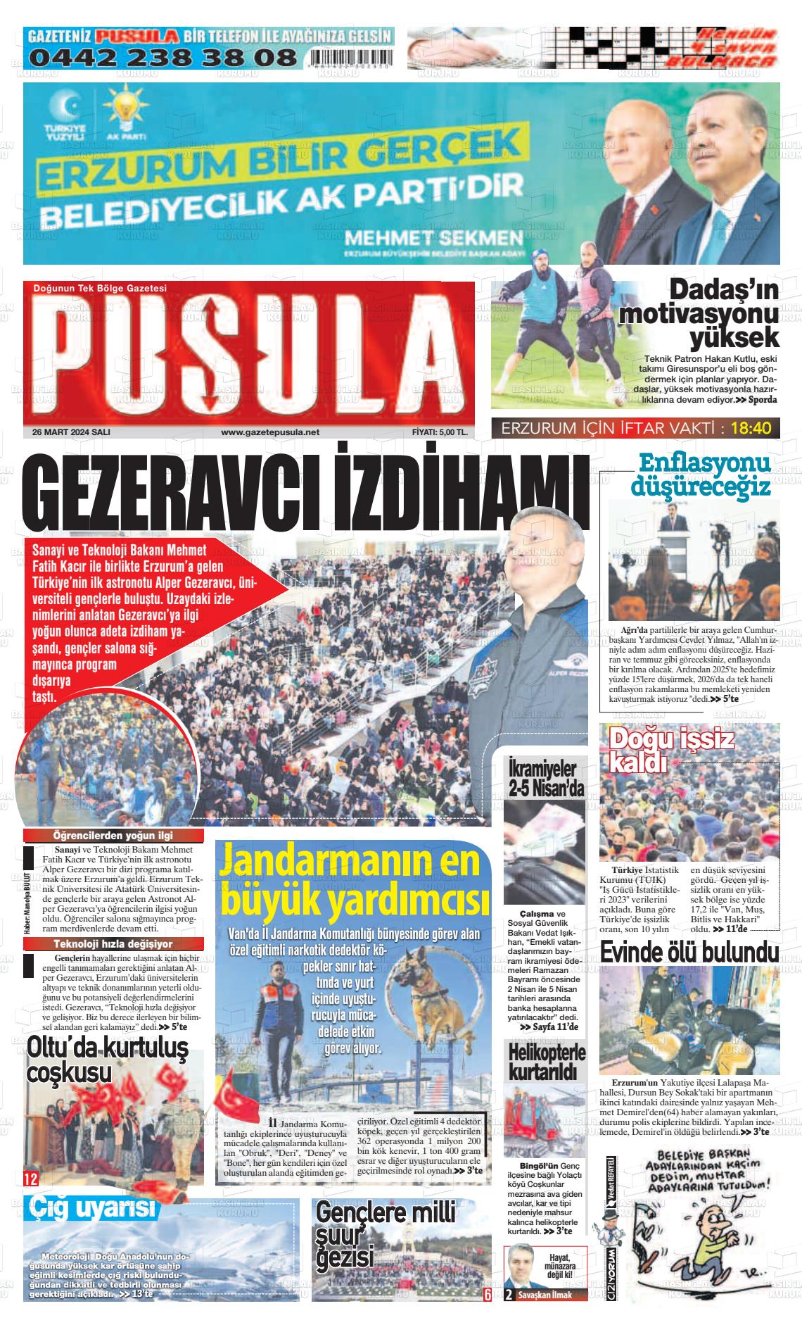 26 Mart 2024 Erzurum Pusula Gazete Manşeti