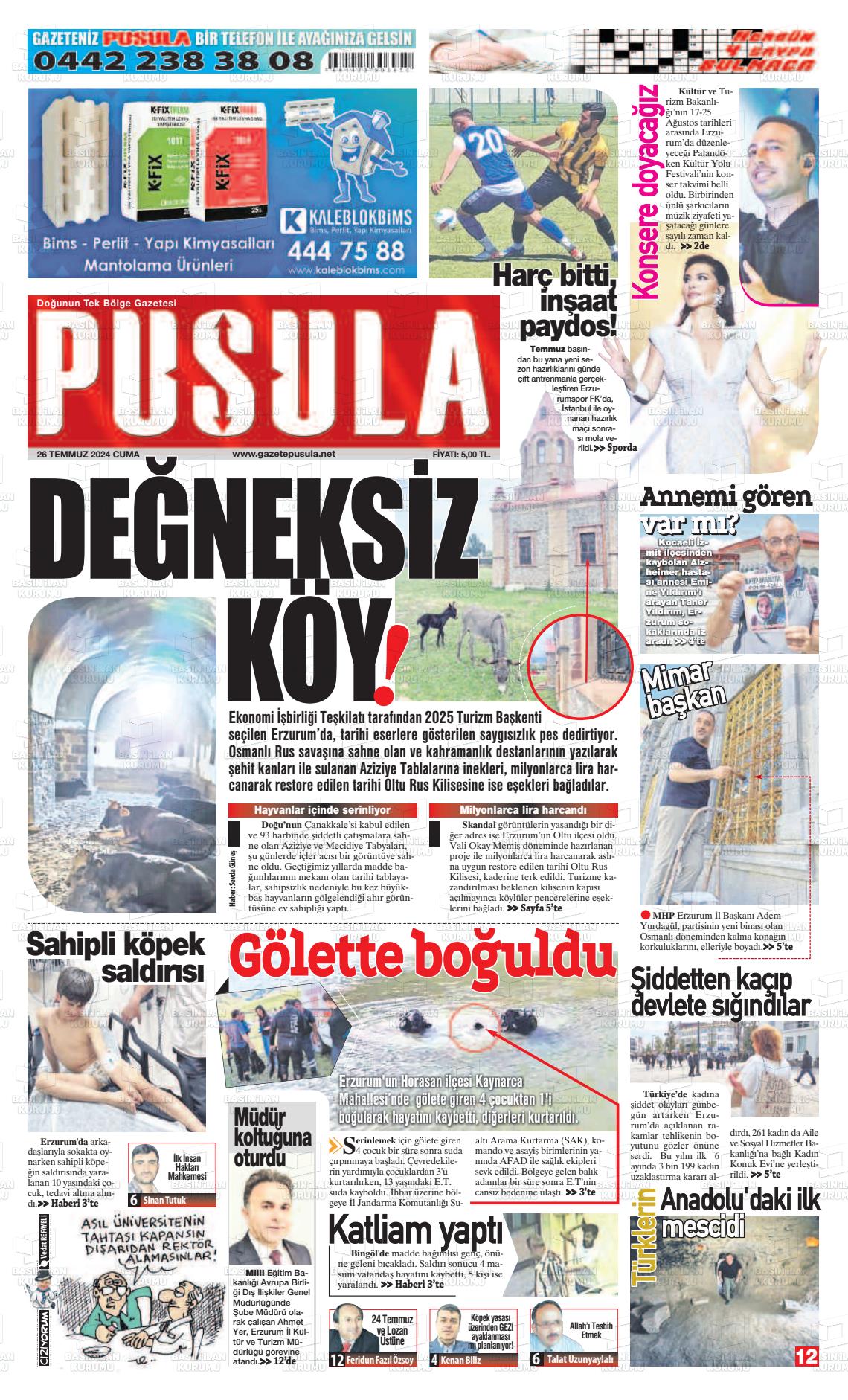 27 Temmuz 2024 Erzurum Pusula Gazete Manşeti