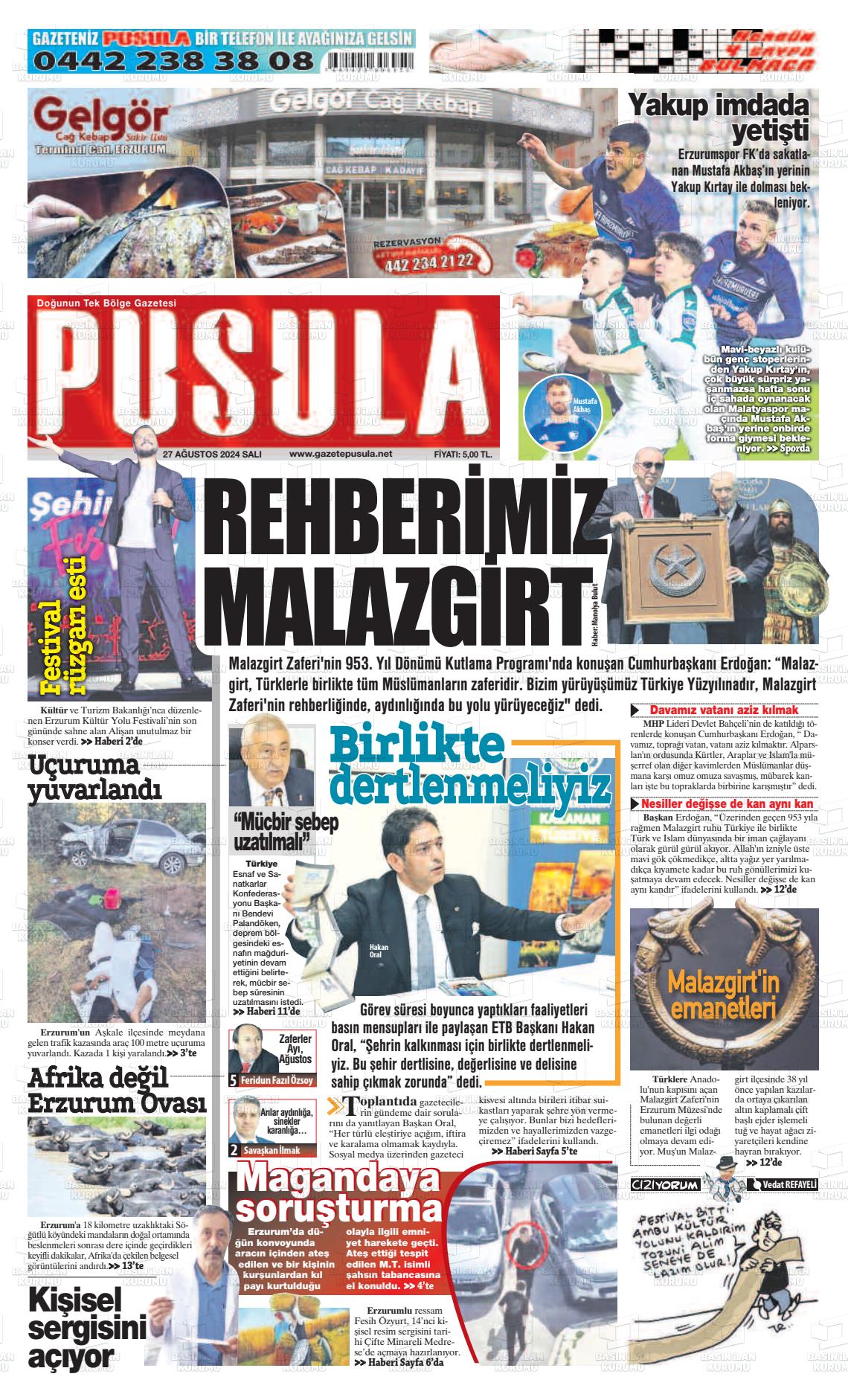 27 Ağustos 2024 Erzurum Pusula Gazete Manşeti