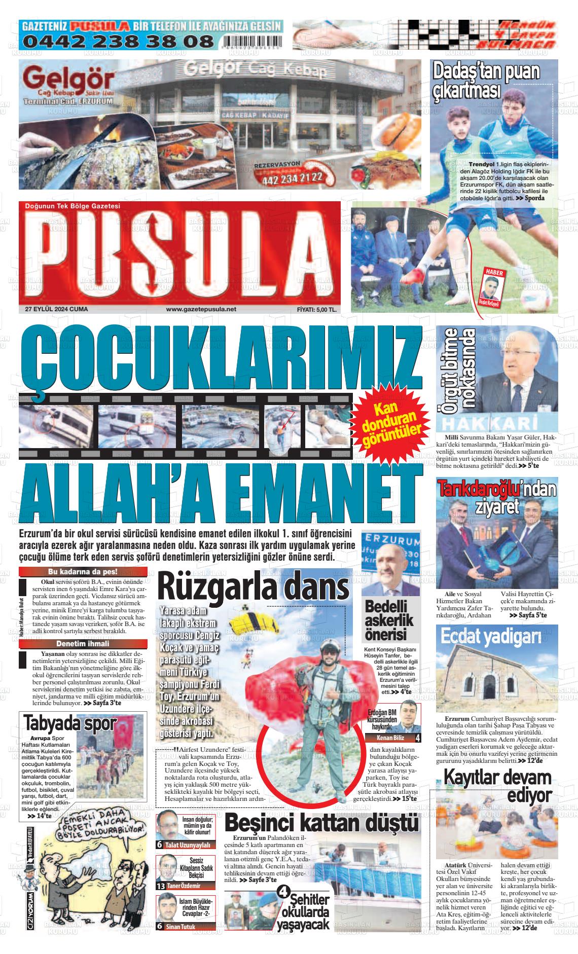 27 Eylül 2024 Erzurum Pusula Gazete Manşeti