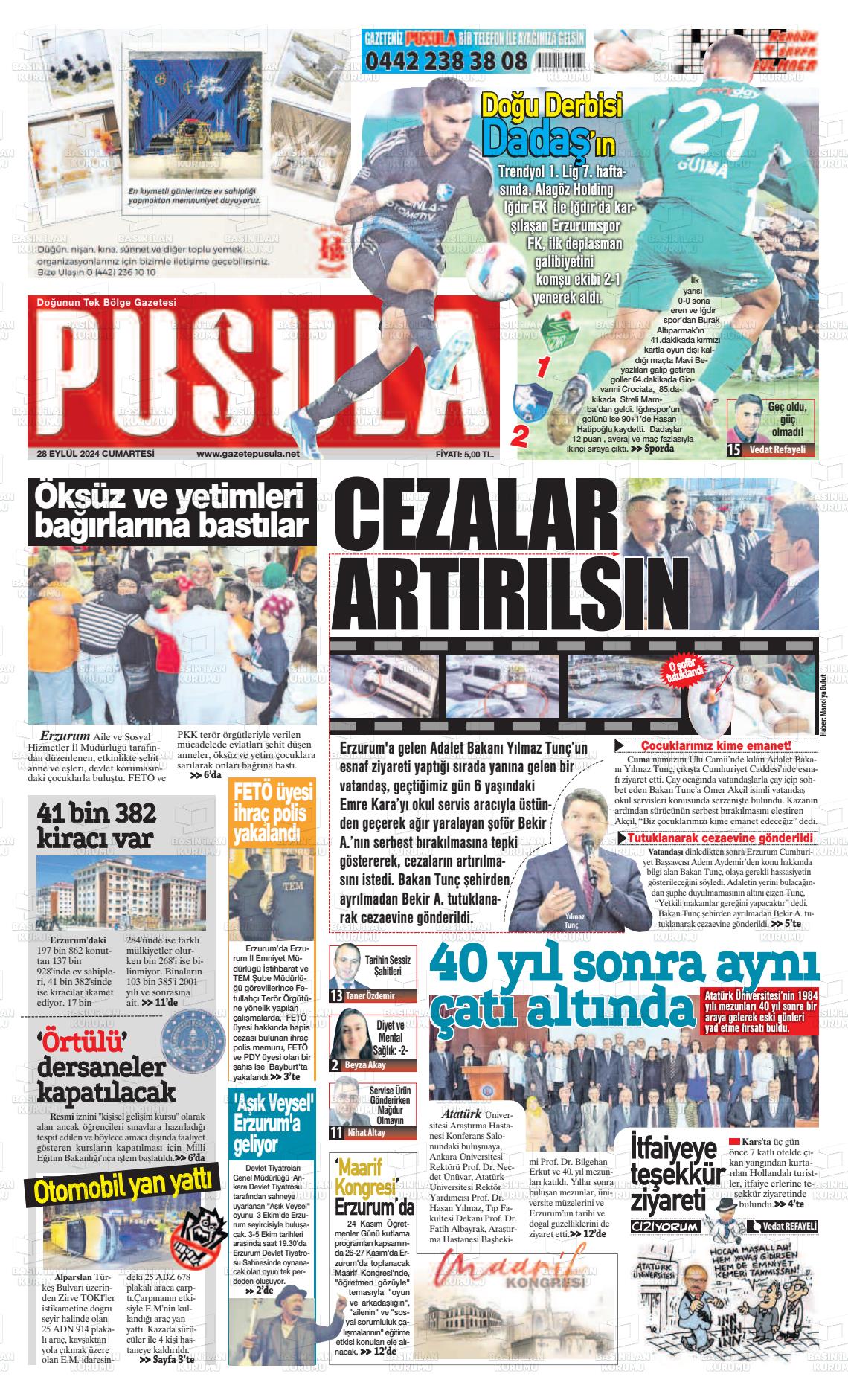 28 Eylül 2024 Erzurum Pusula Gazete Manşeti