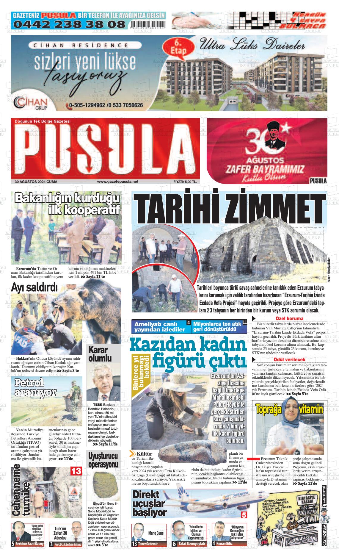 30 Ağustos 2024 Erzurum Pusula Gazete Manşeti