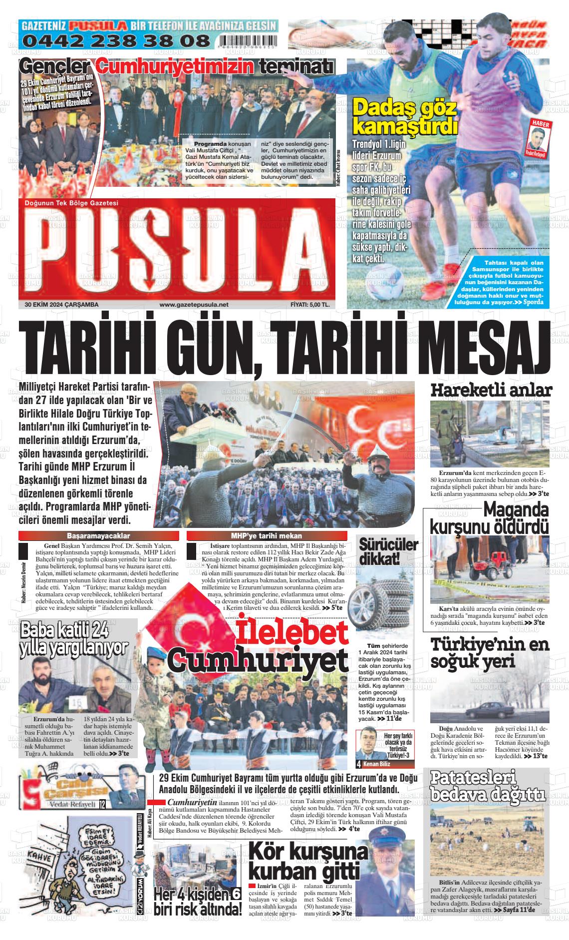 30 Ekim 2024 Erzurum Pusula Gazete Manşeti