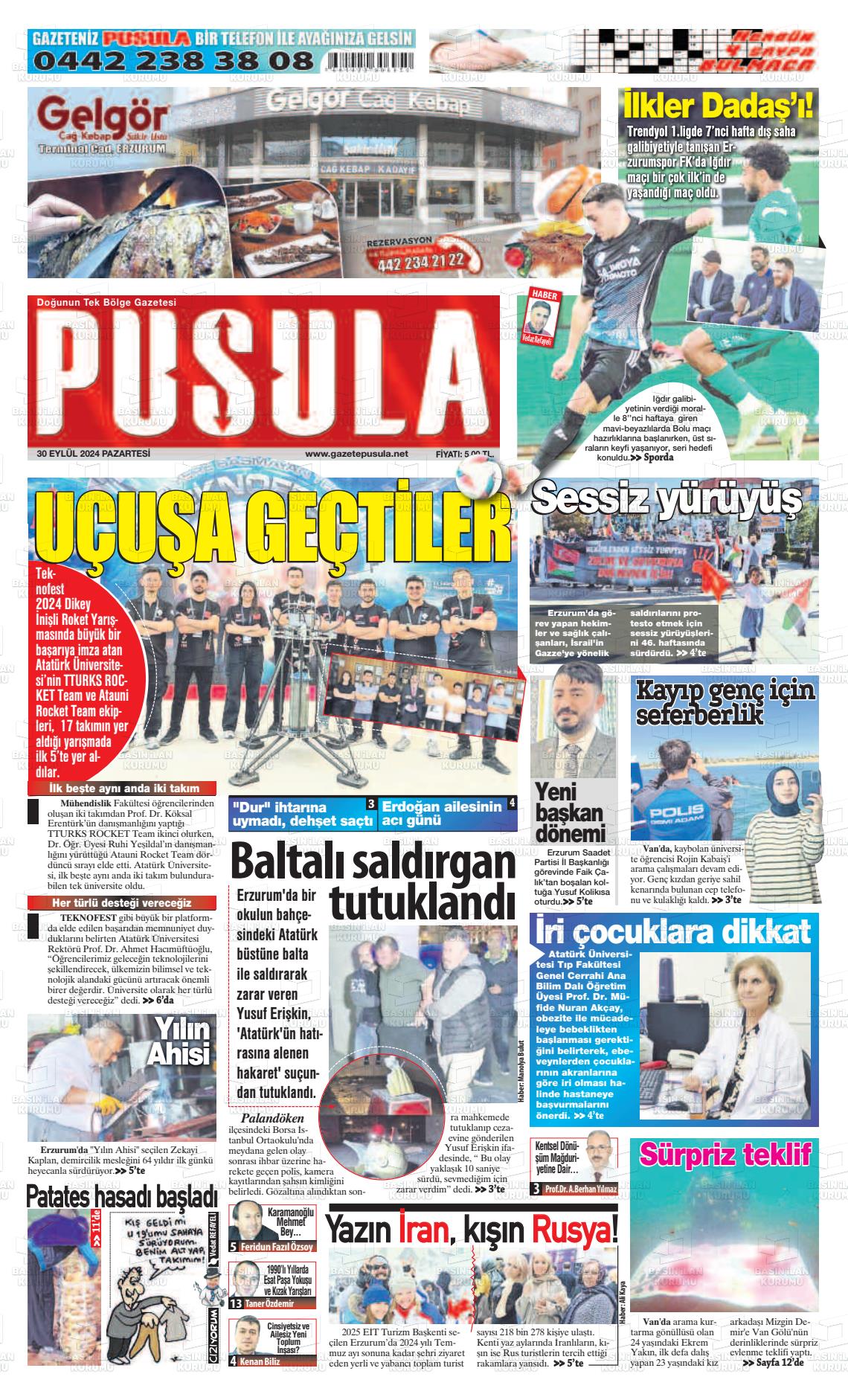 30 Eylül 2024 Erzurum Pusula Gazete Manşeti