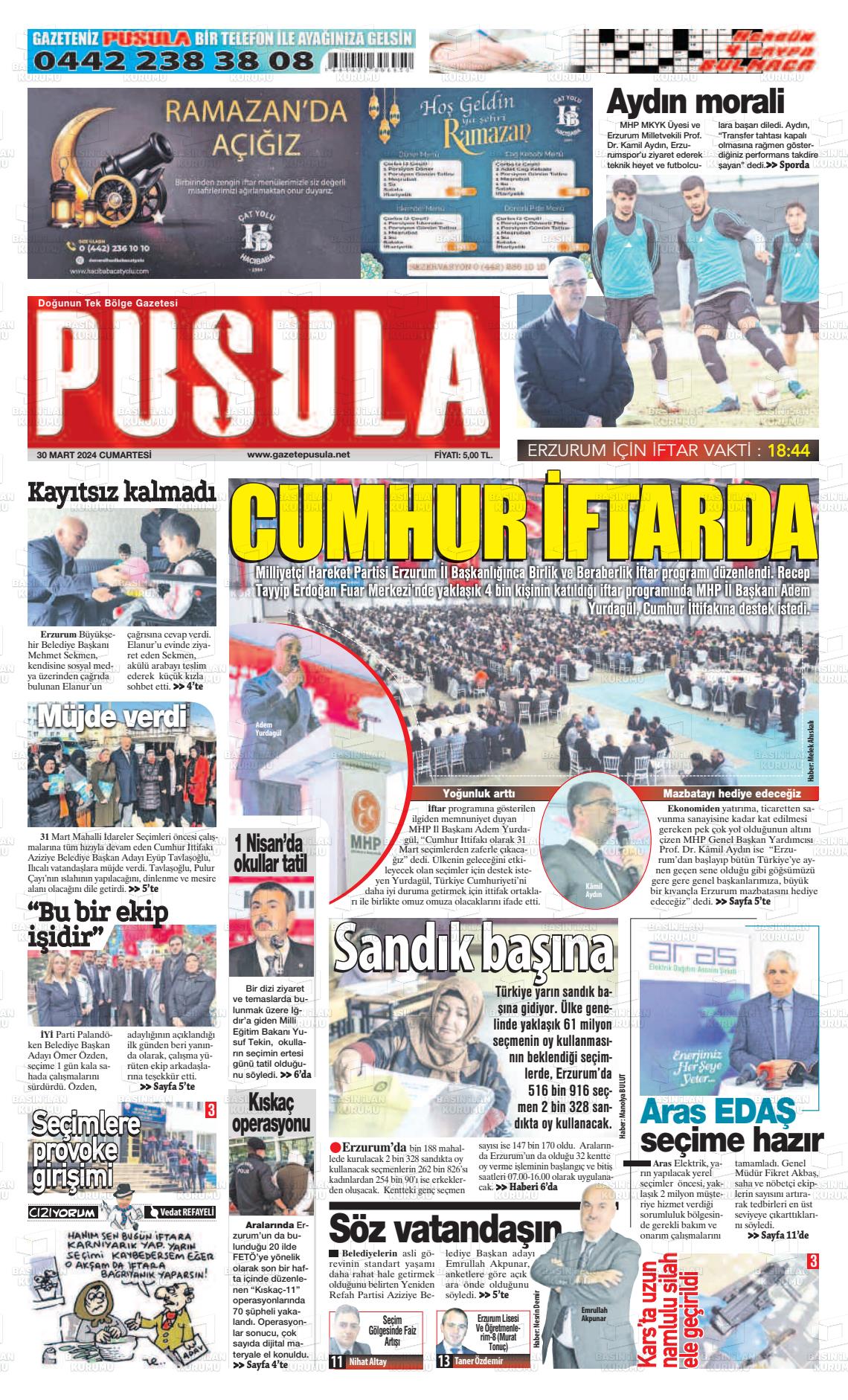 30 Mart 2024 Erzurum Pusula Gazete Manşeti