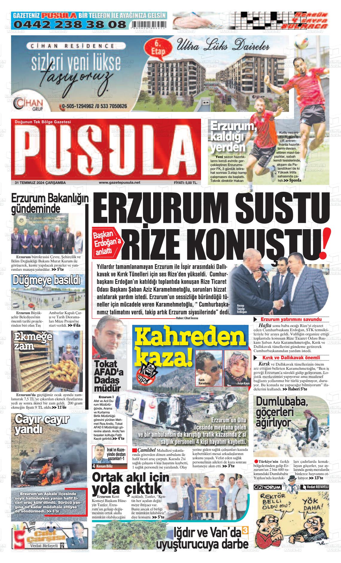 31 Temmuz 2024 Erzurum Pusula Gazete Manşeti