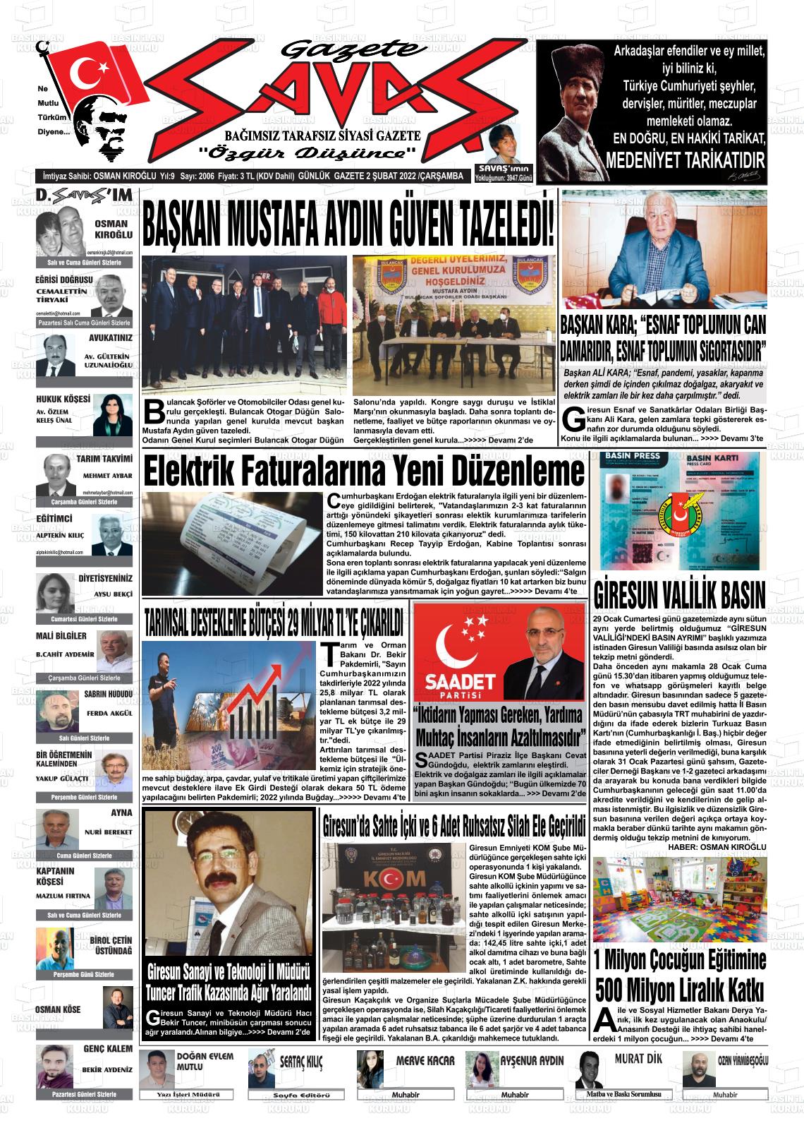 02 Şubat 2022 Gazete Savaş Gazete Manşeti