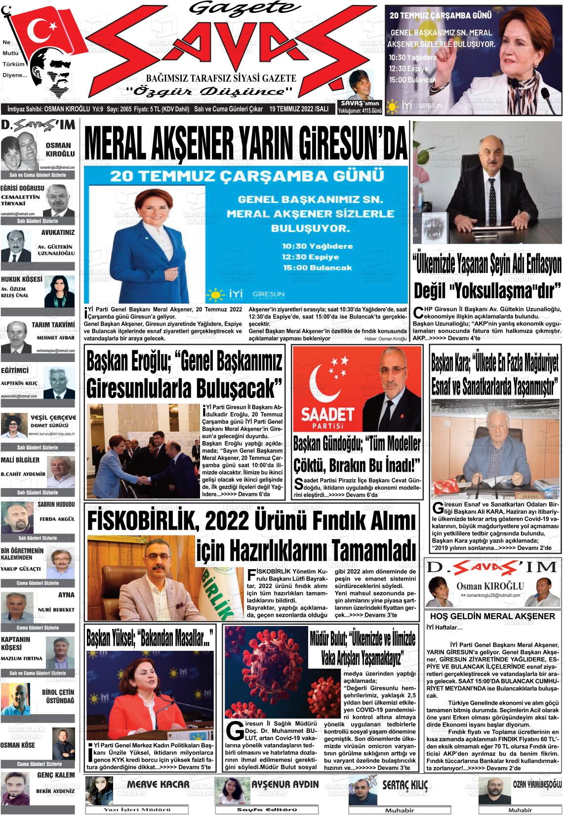 19 Temmuz 2022 Gazete Savaş Gazete Manşeti