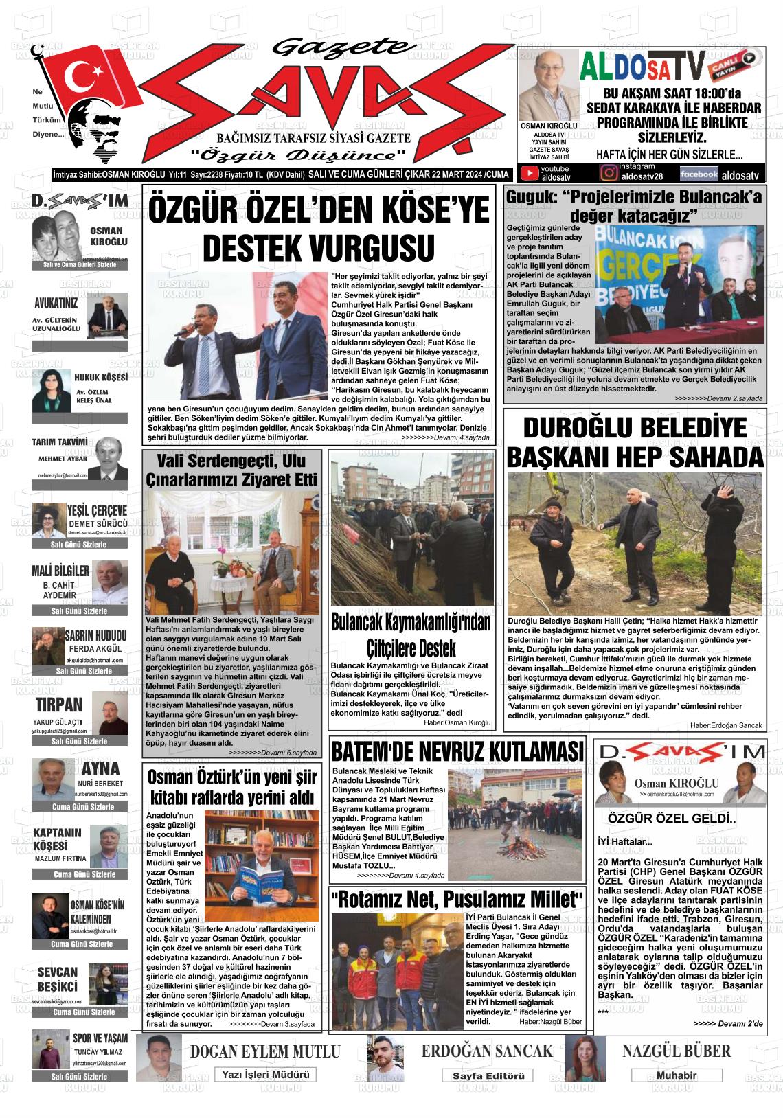 22 Mart 2024 Gazete Savaş Gazete Manşeti