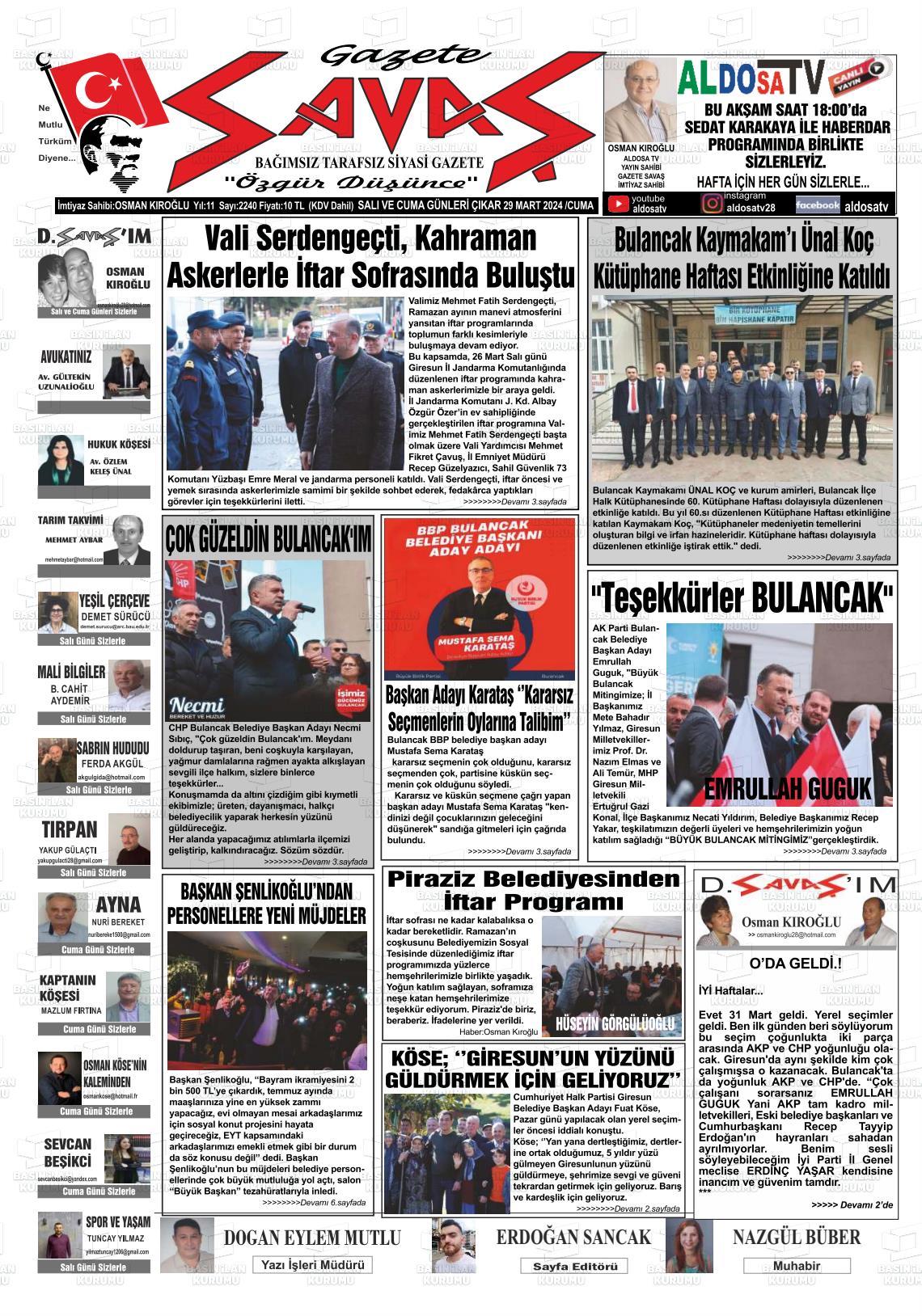 29 Mart 2024 Gazete Savaş Gazete Manşeti