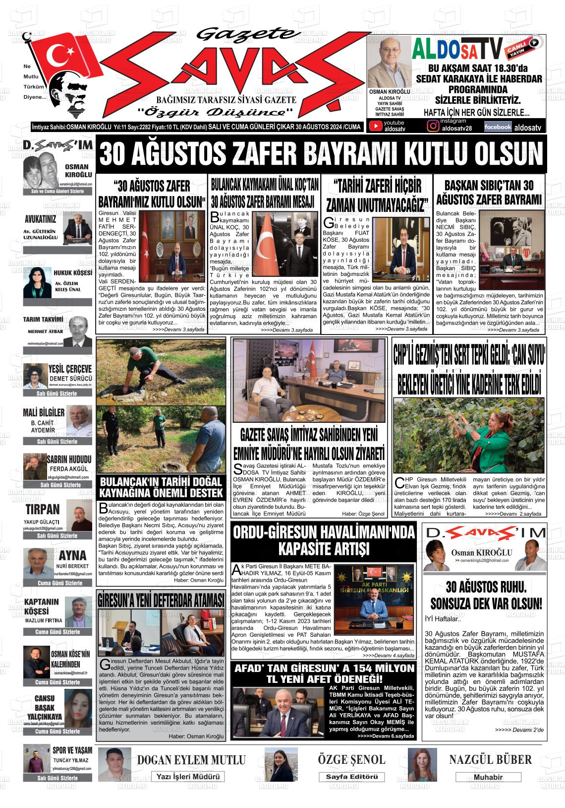 30 Ağustos 2024 Gazete Savaş Gazete Manşeti