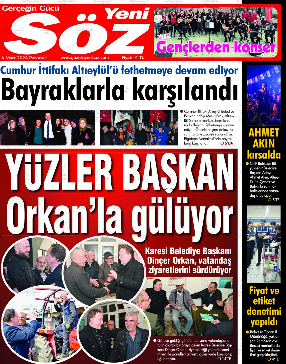 04 Mart 2024 Yeni Söz Gazete Manşeti