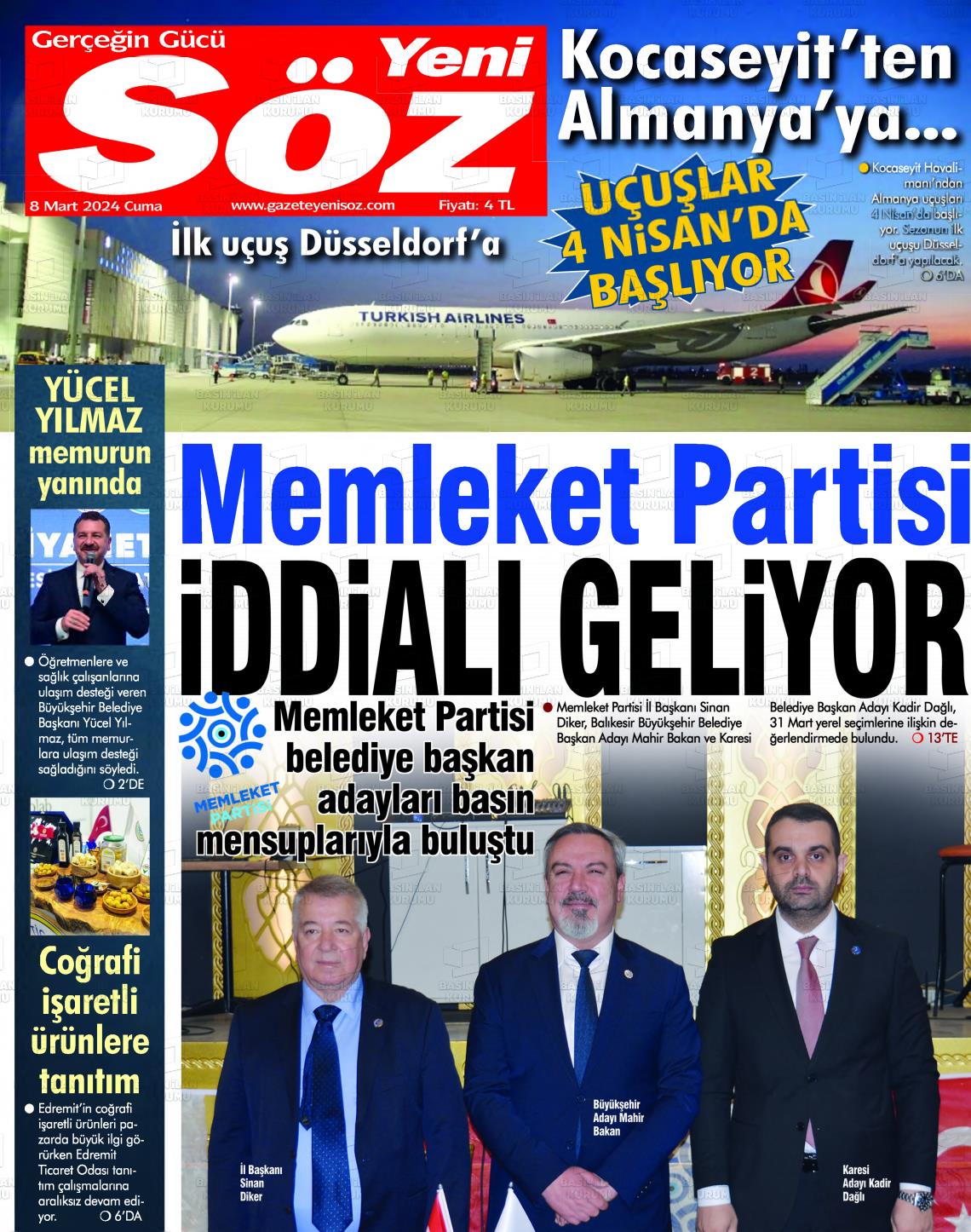 08 Mart 2024 Yeni Söz Gazete Manşeti