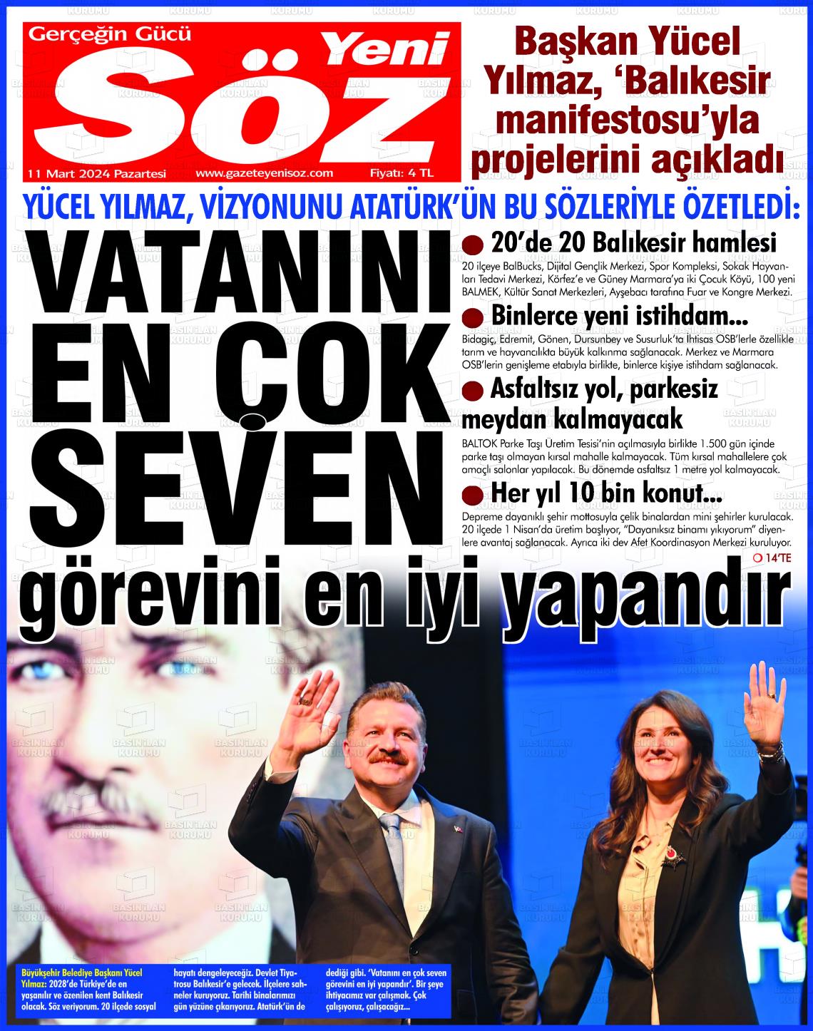 11 Mart 2024 Yeni Söz Gazete Manşeti