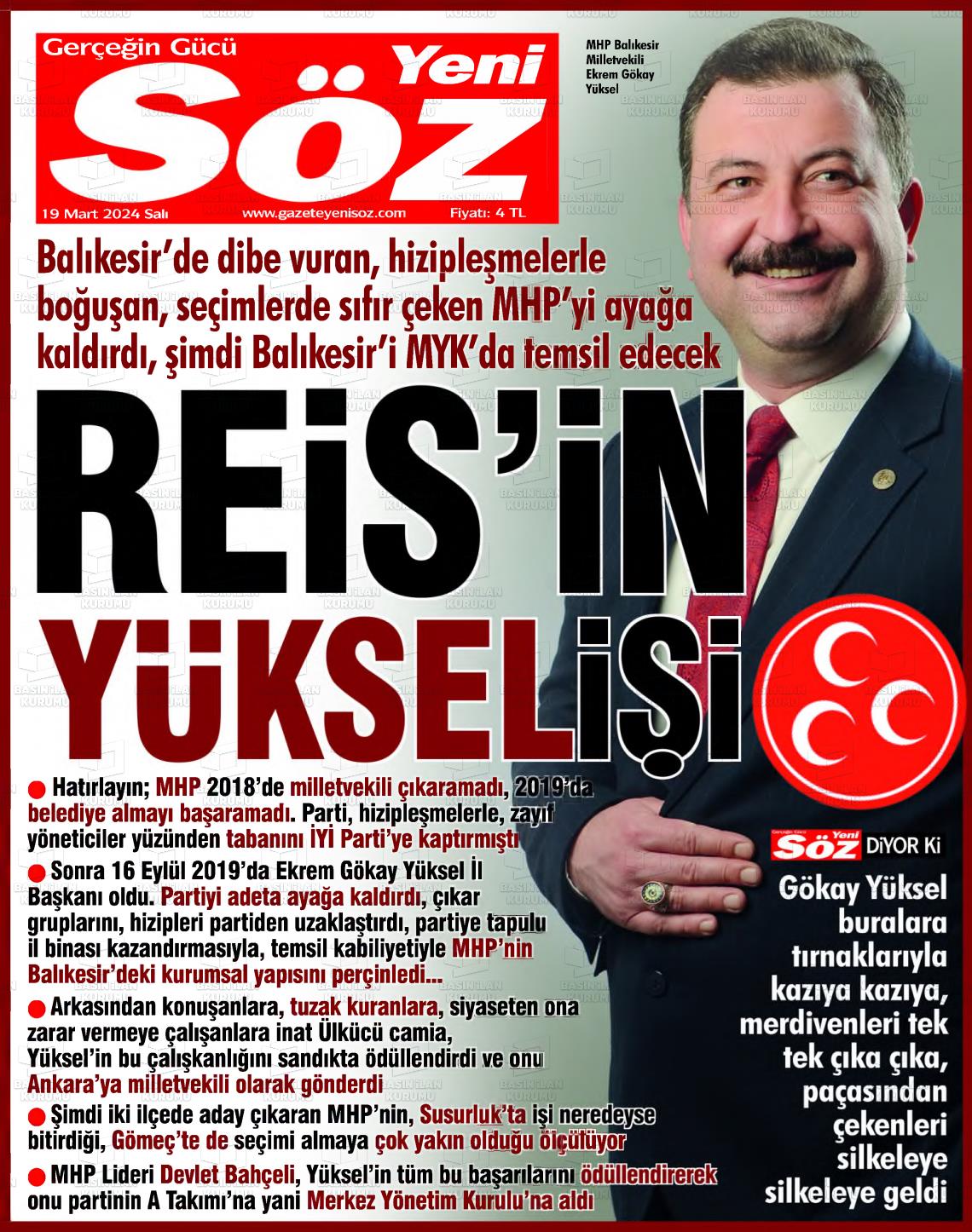 19 Mart 2024 Yeni Söz Gazete Manşeti