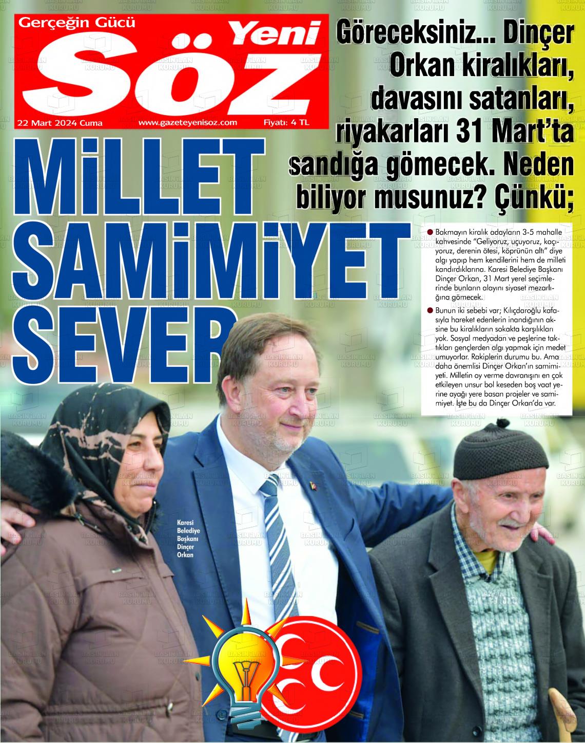 22 Mart 2024 Yeni Söz Gazete Manşeti