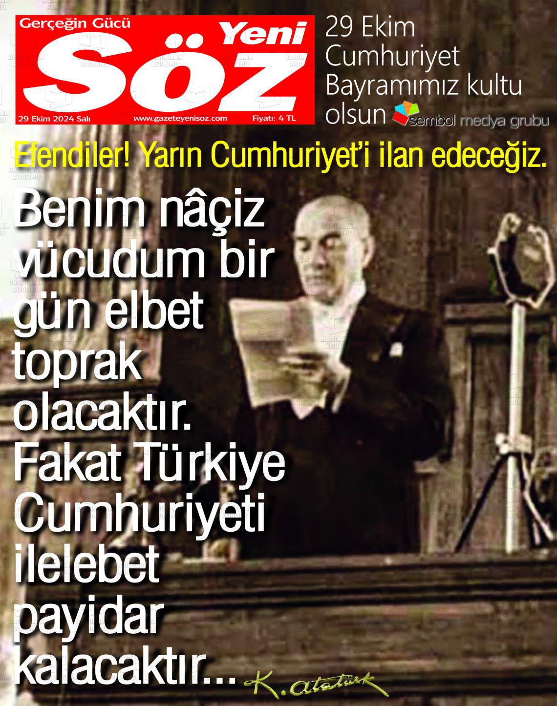 29 Ekim 2024 Yeni Söz Gazete Manşeti