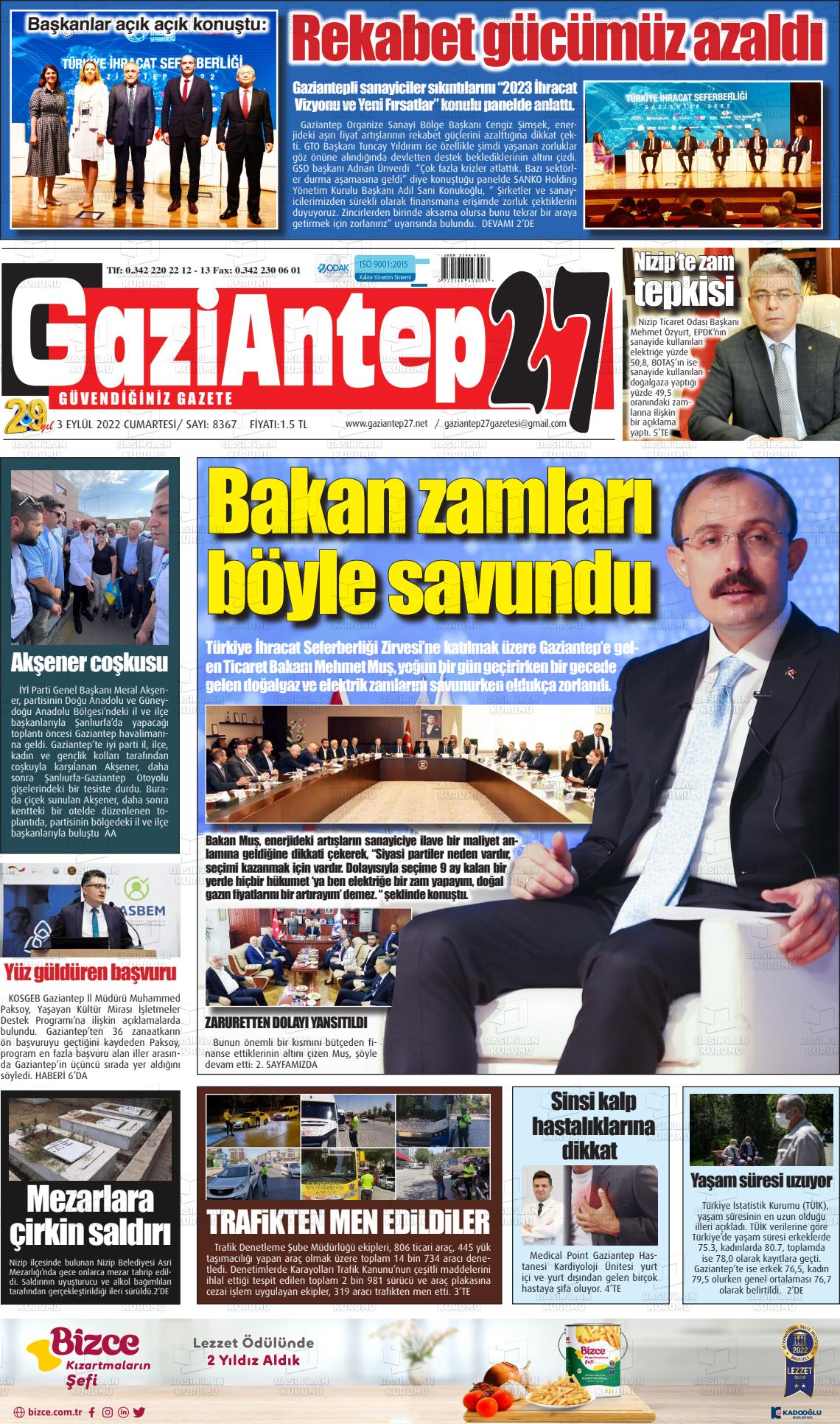 03 Eylül 2022 Gaziantep 27 Gazete Manşeti