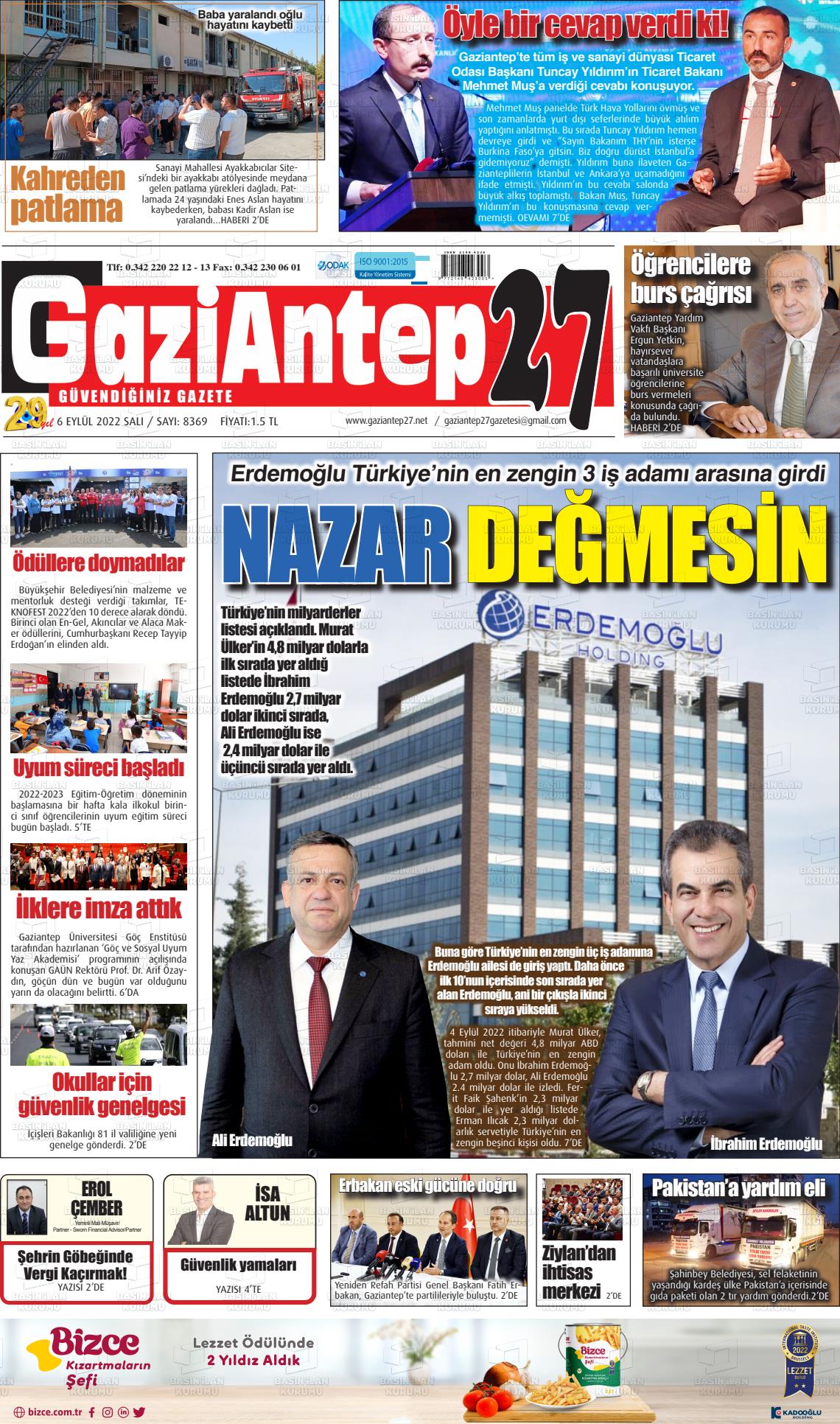 06 Eylül 2022 Gaziantep 27 Gazete Manşeti