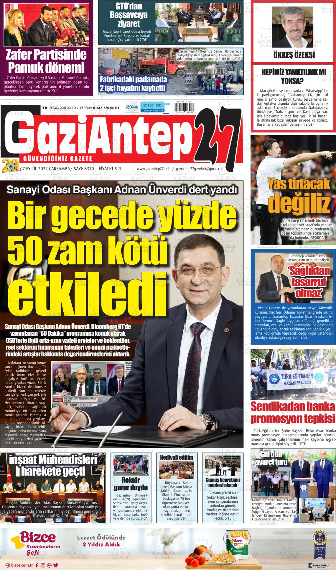 07 Eylül 2022 Gaziantep 27 Gazete Manşeti