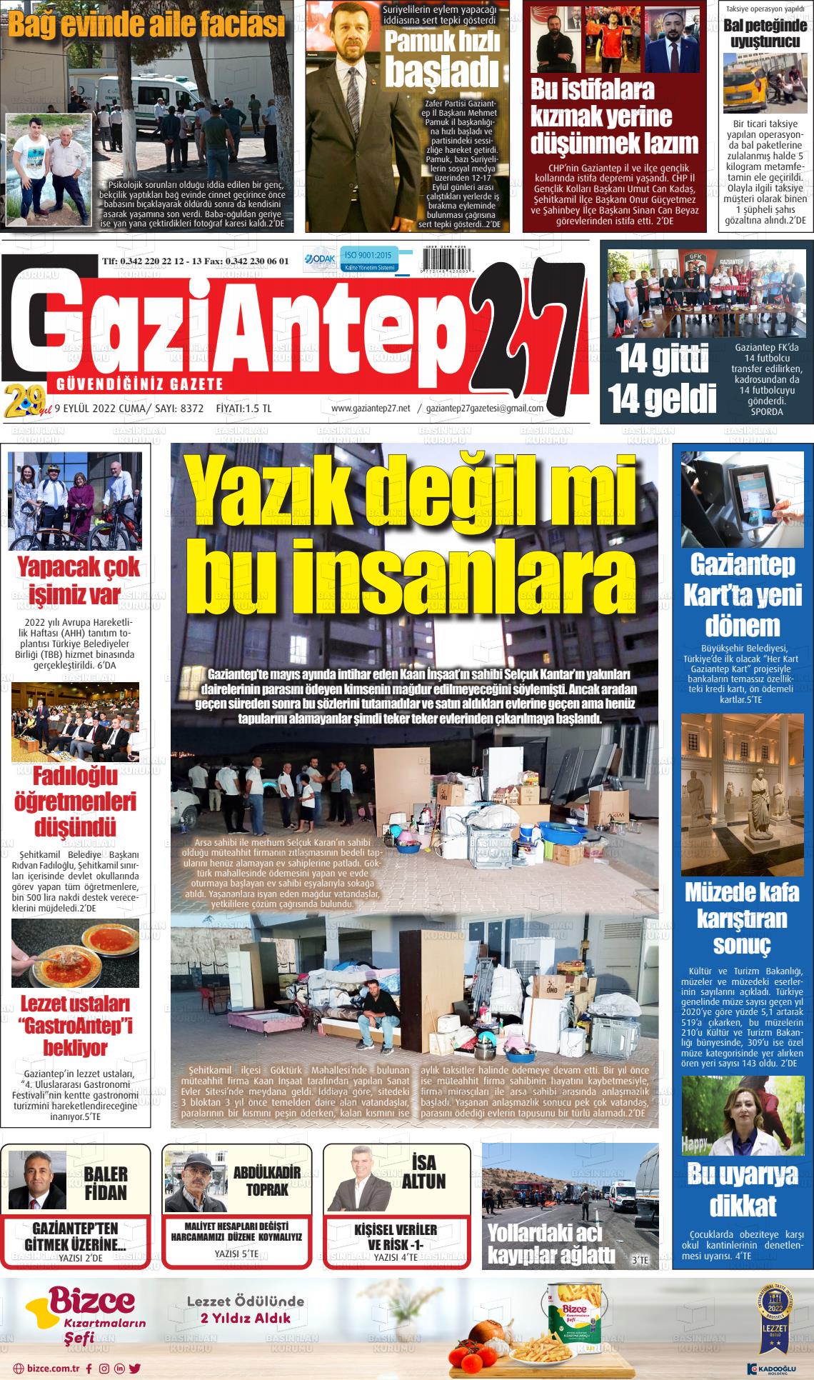 09 Eylül 2022 Gaziantep 27 Gazete Manşeti