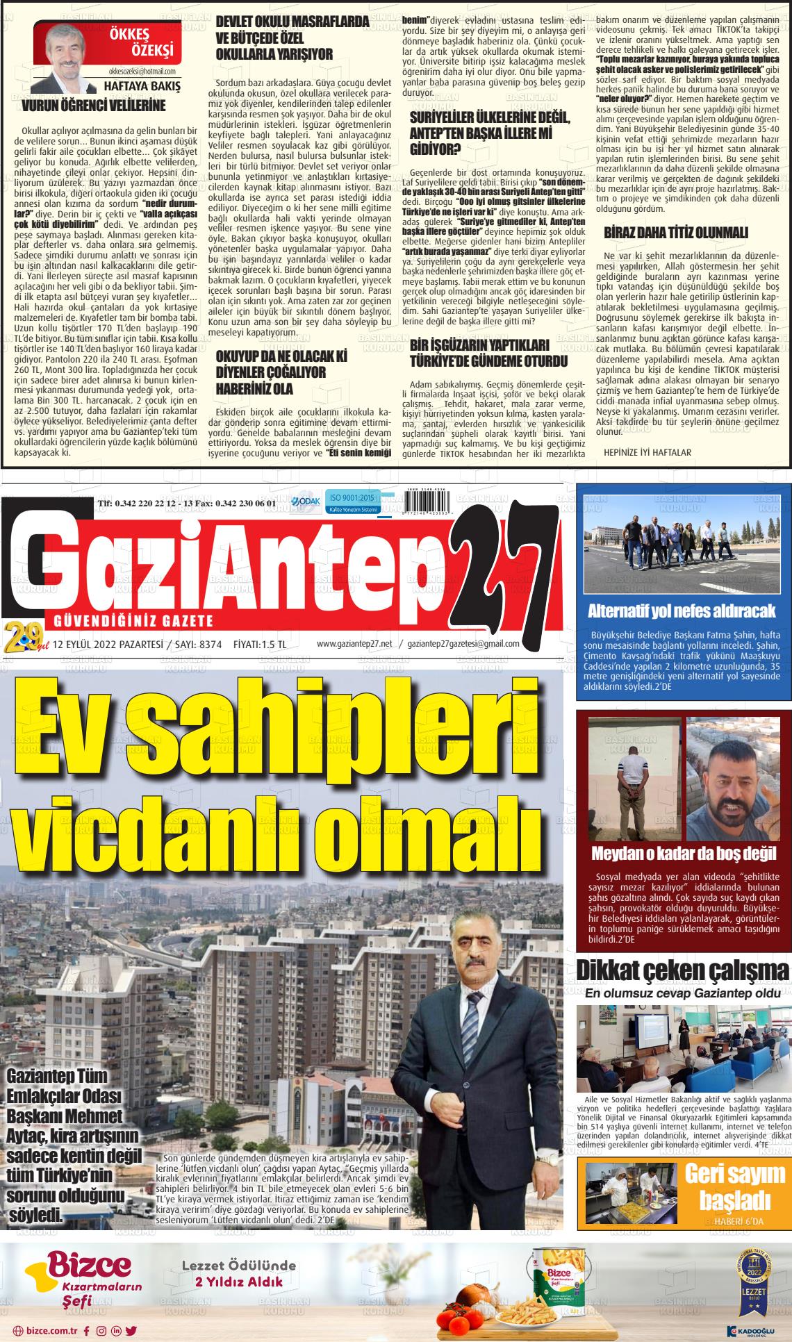 12 Eylül 2022 Gaziantep 27 Gazete Manşeti