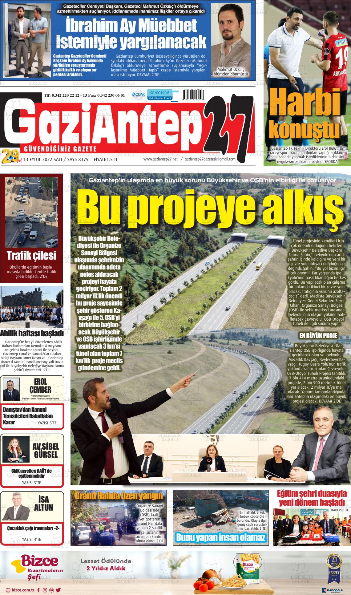 13 Eylül 2022 Gaziantep 27 Gazete Manşeti