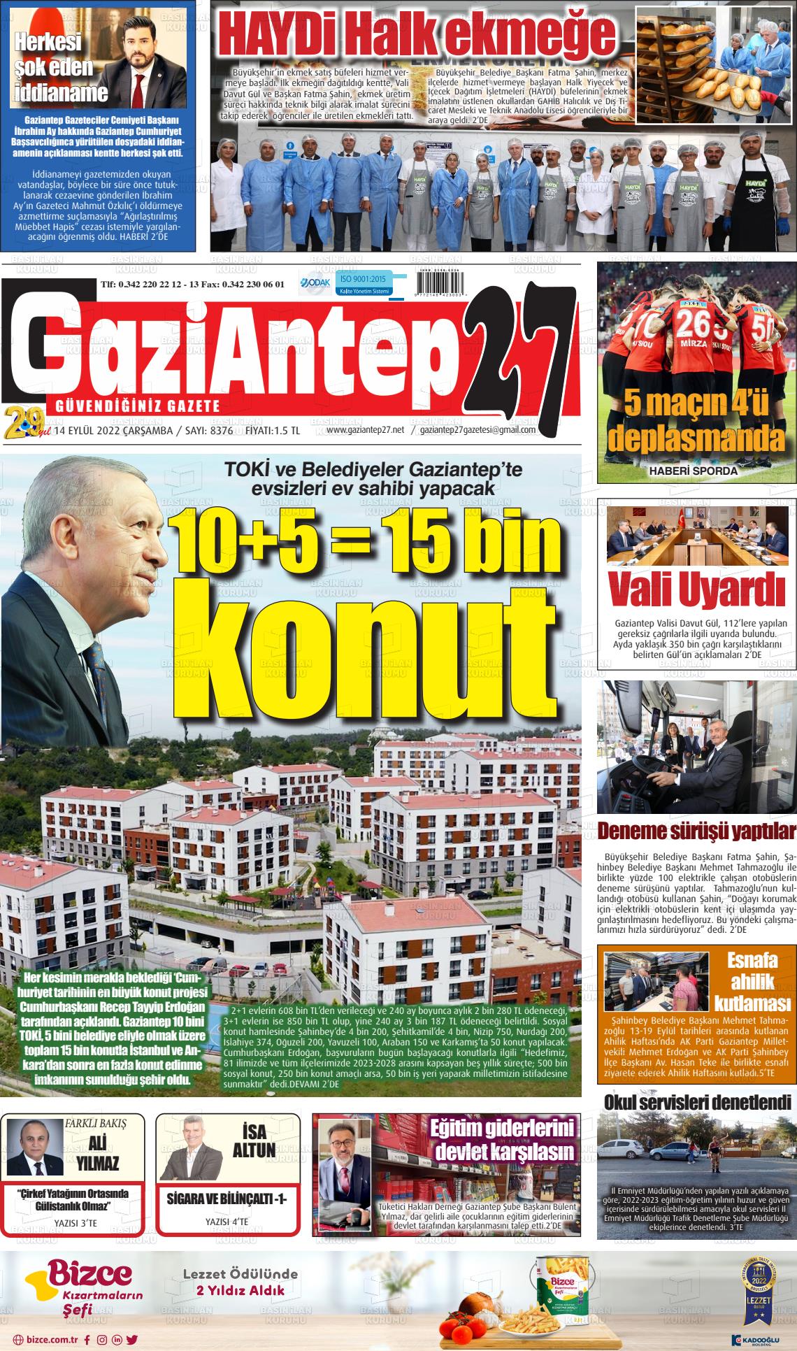 14 Eylül 2022 Gaziantep 27 Gazete Manşeti