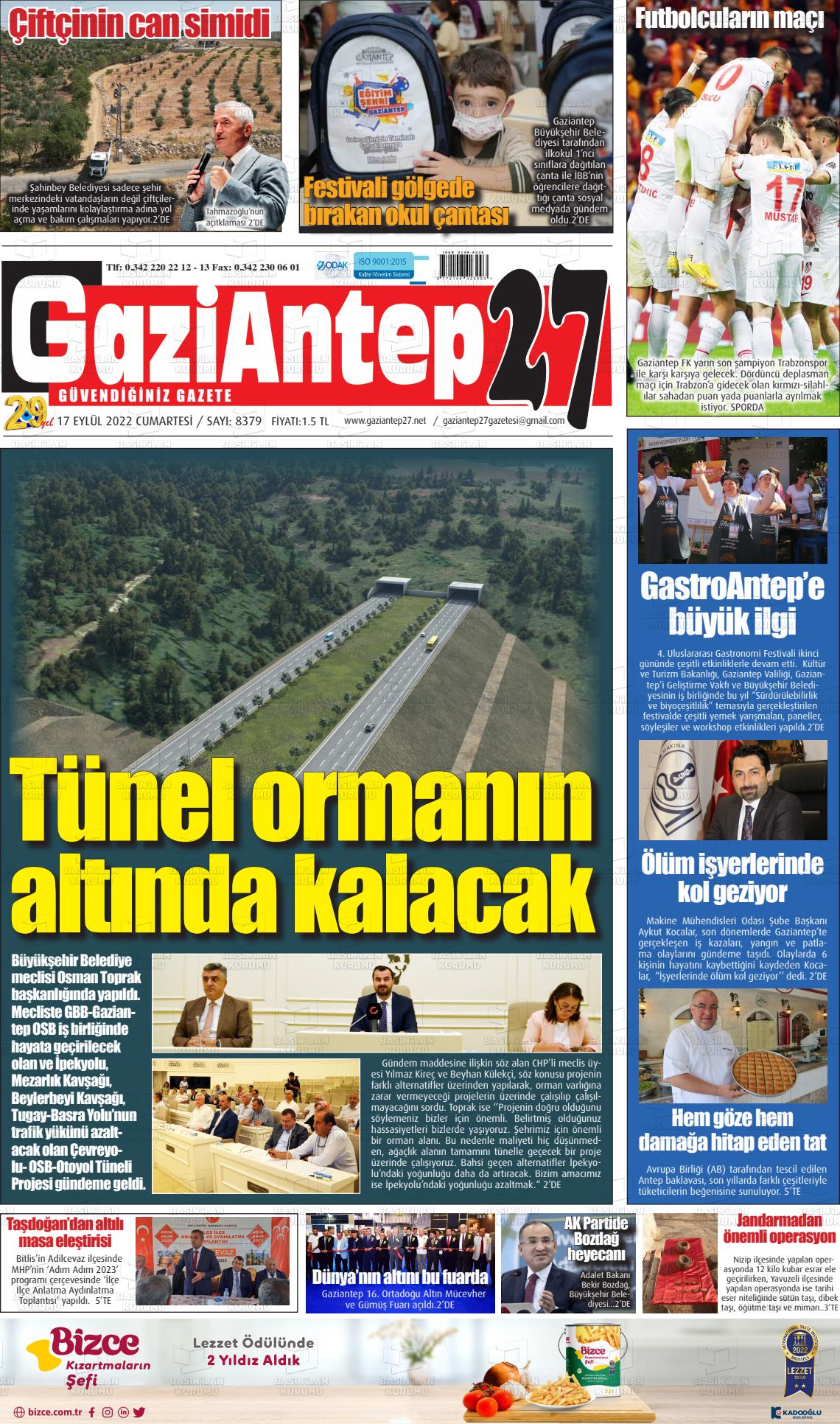 17 Eylül 2022 Gaziantep 27 Gazete Manşeti