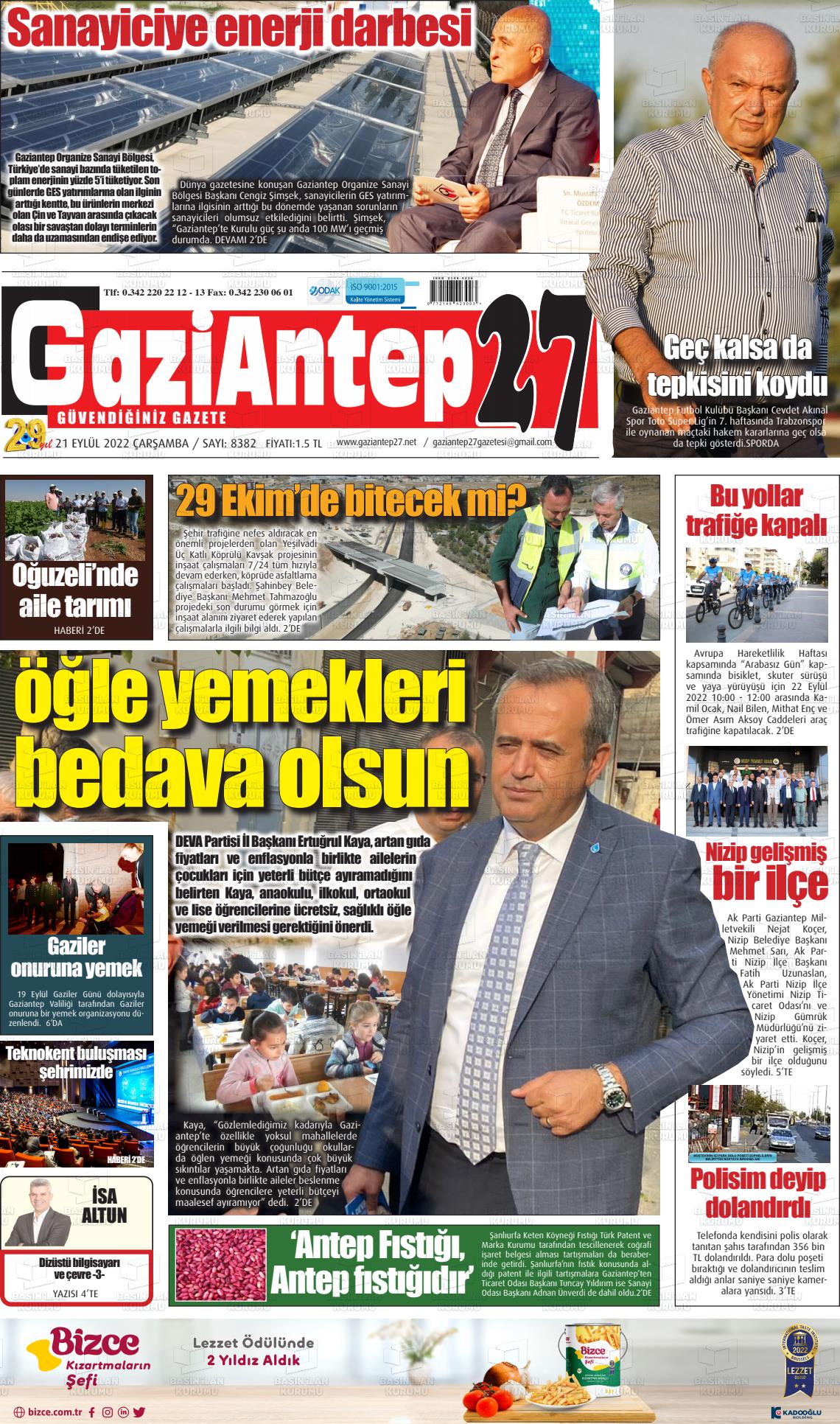 21 Eylül 2022 Gaziantep 27 Gazete Manşeti