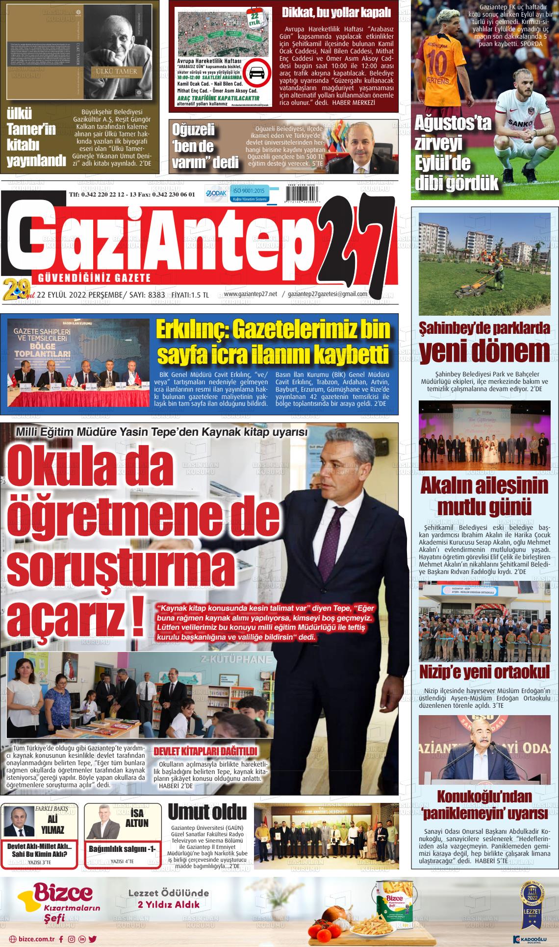 22 Eylül 2022 Gaziantep 27 Gazete Manşeti