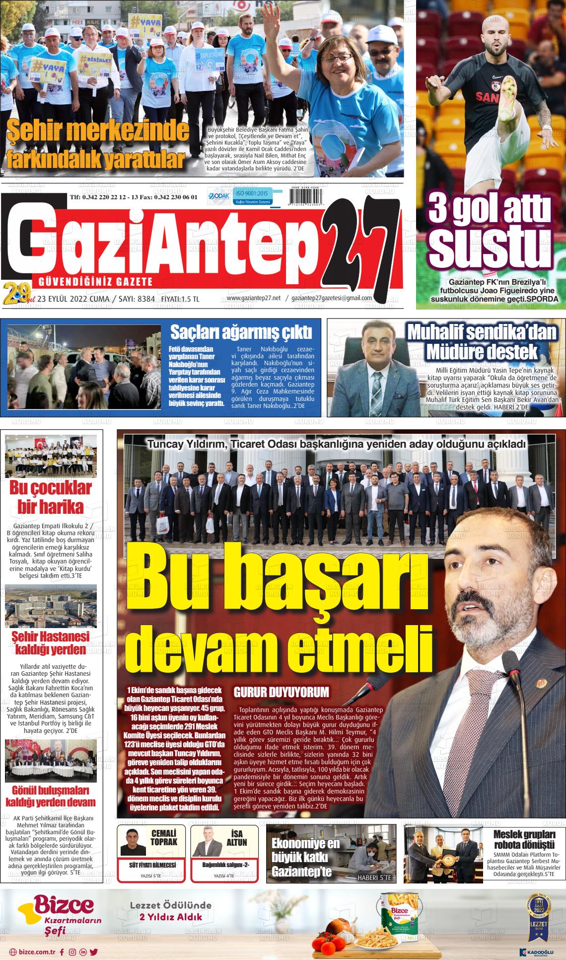 23 Eylül 2022 Gaziantep 27 Gazete Manşeti