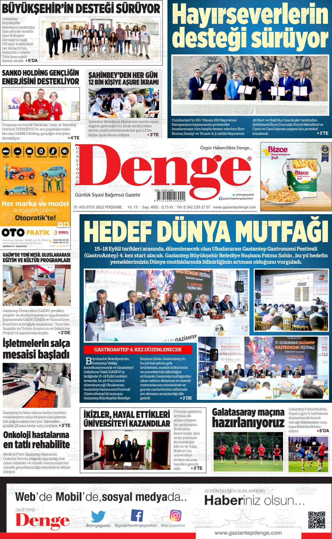 01 Eylül 2022 Gaziantep Denge Gazete Manşeti