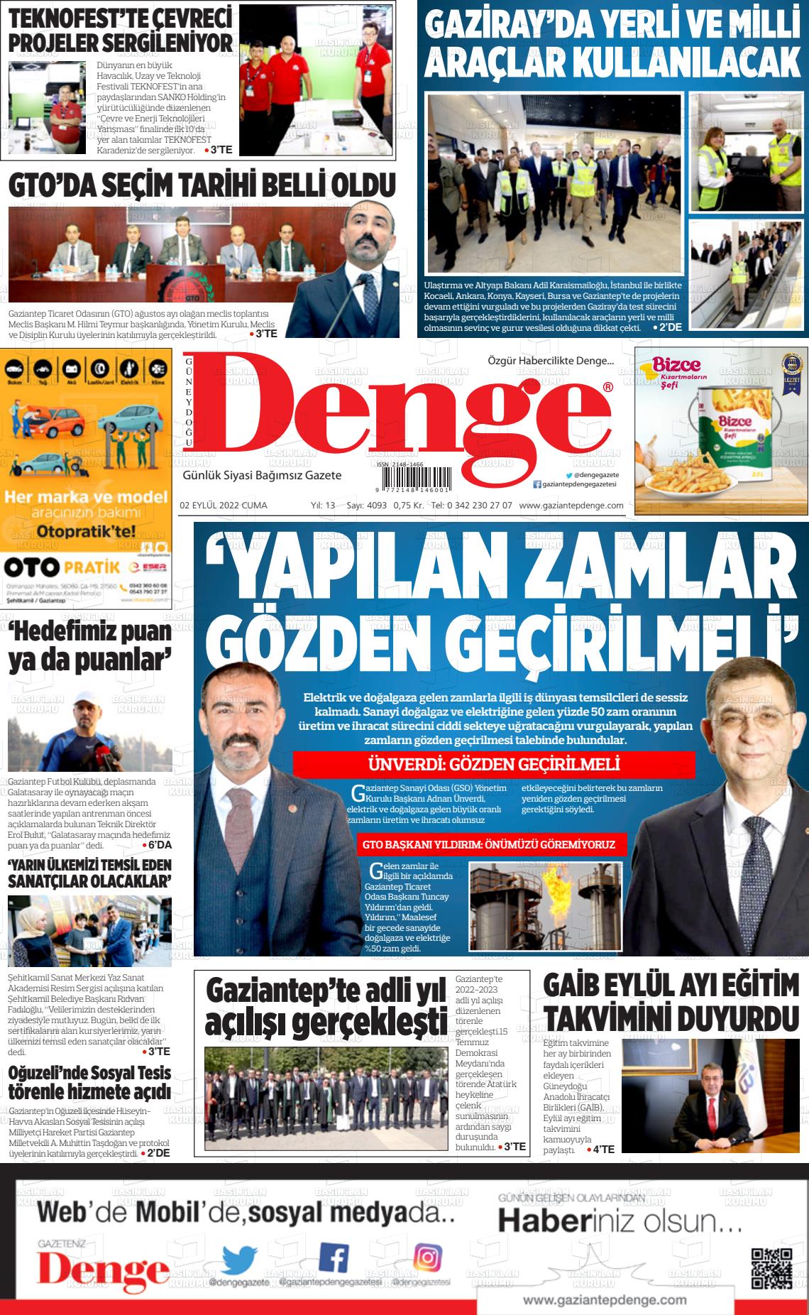 02 Eylül 2022 Gaziantep Denge Gazete Manşeti