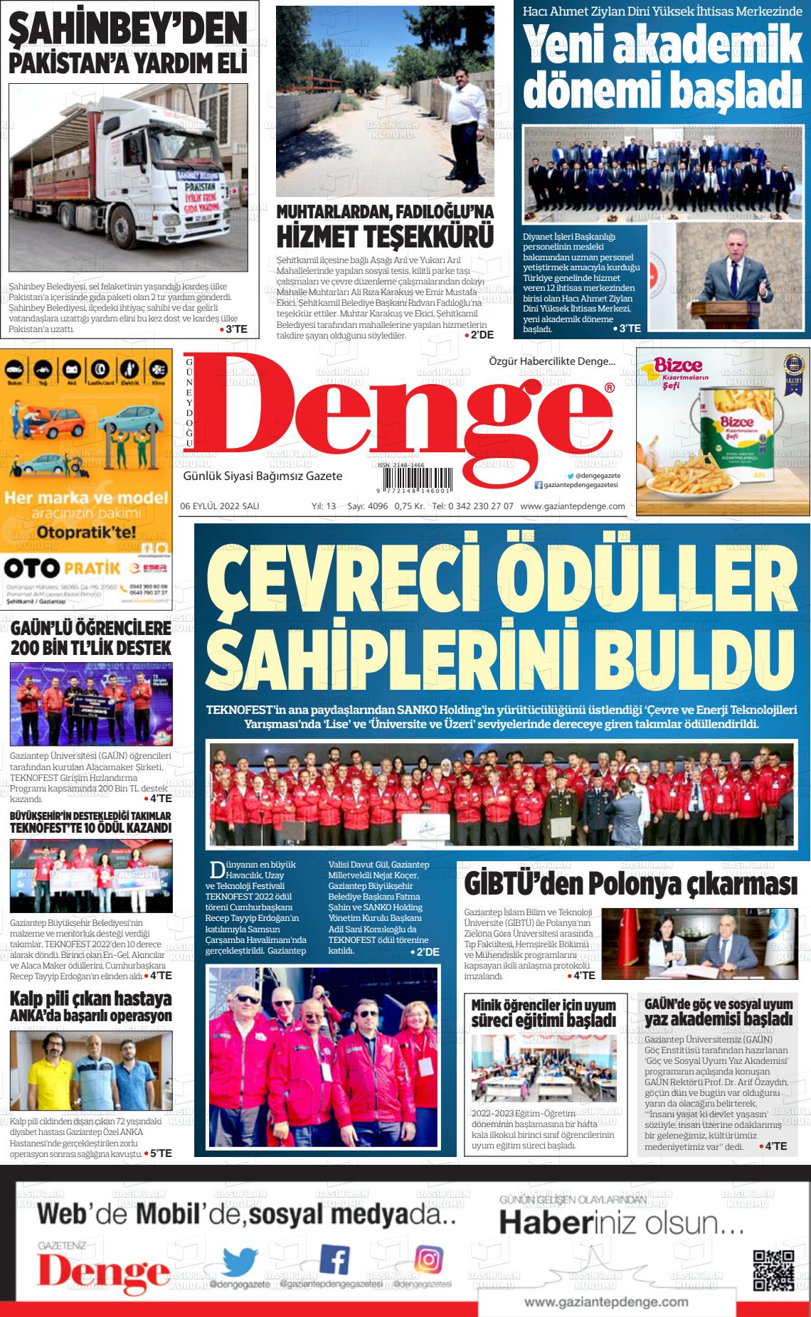 06 Eylül 2022 Gaziantep Denge Gazete Manşeti