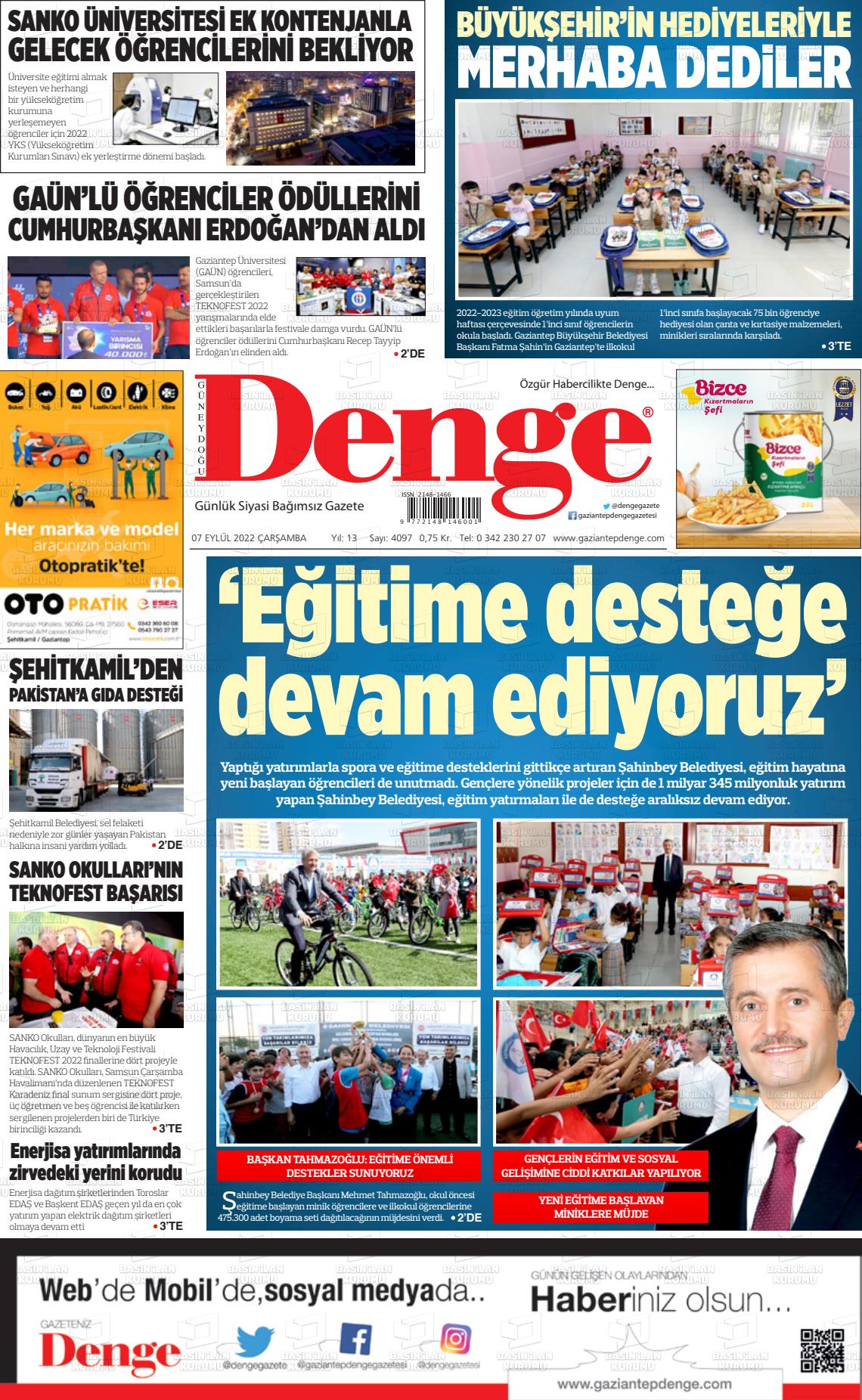 07 Eylül 2022 Gaziantep Denge Gazete Manşeti