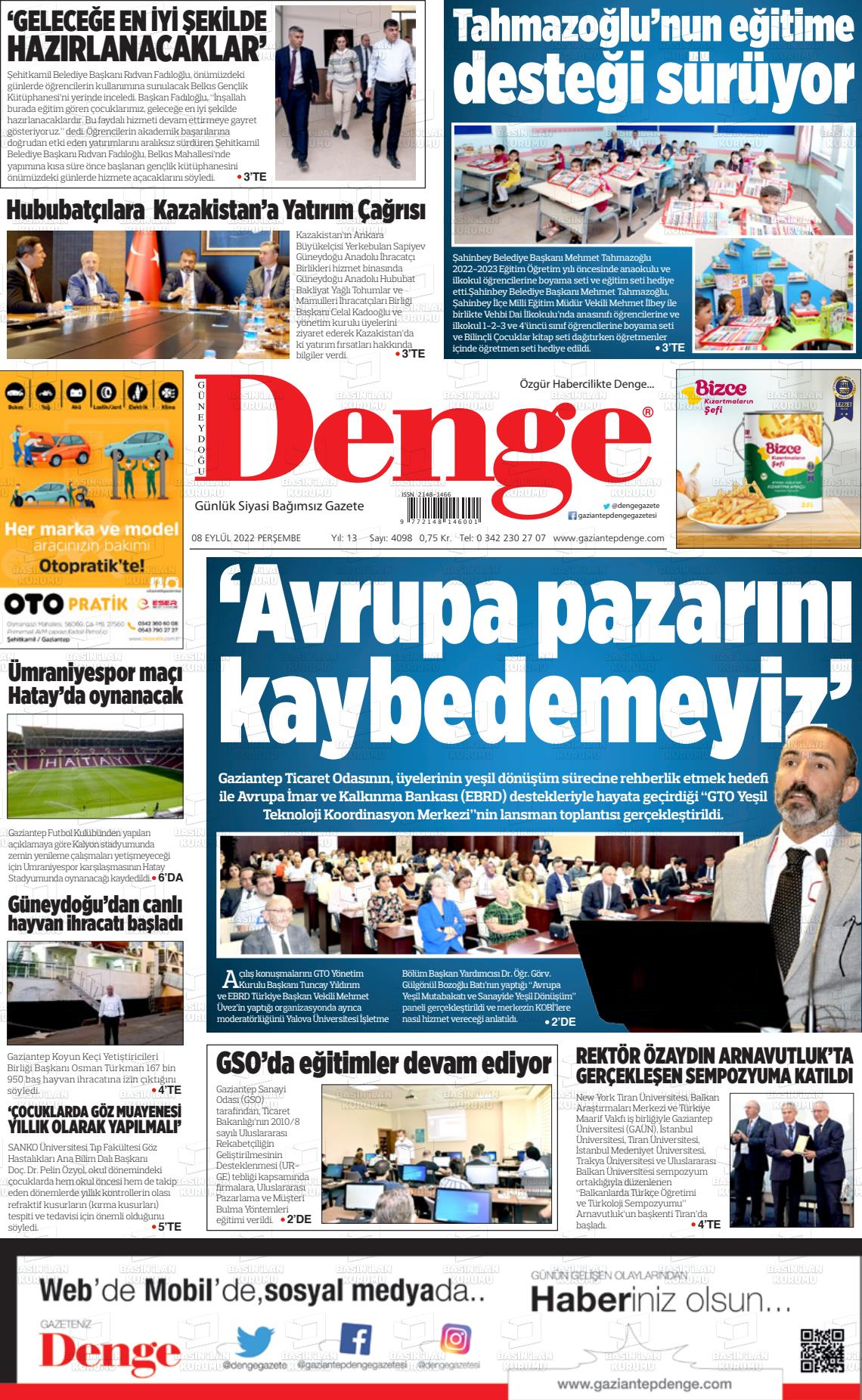 08 Eylül 2022 Gaziantep Denge Gazete Manşeti