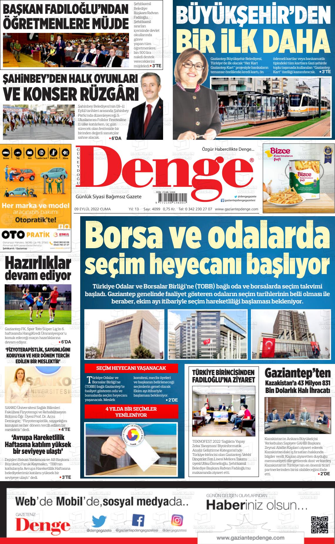 09 Eylül 2022 Gaziantep Denge Gazete Manşeti