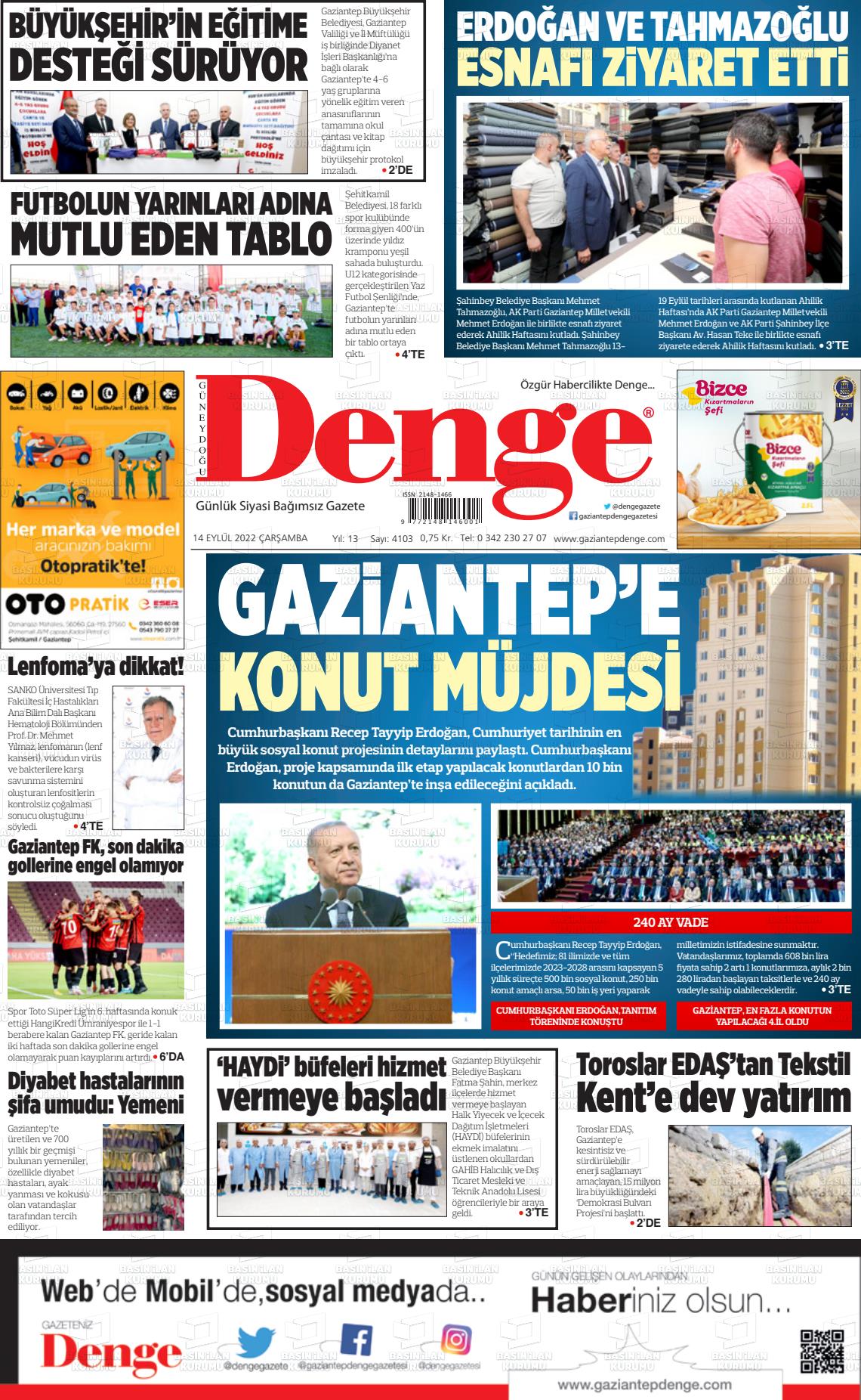 14 Eylül 2022 Gaziantep Denge Gazete Manşeti