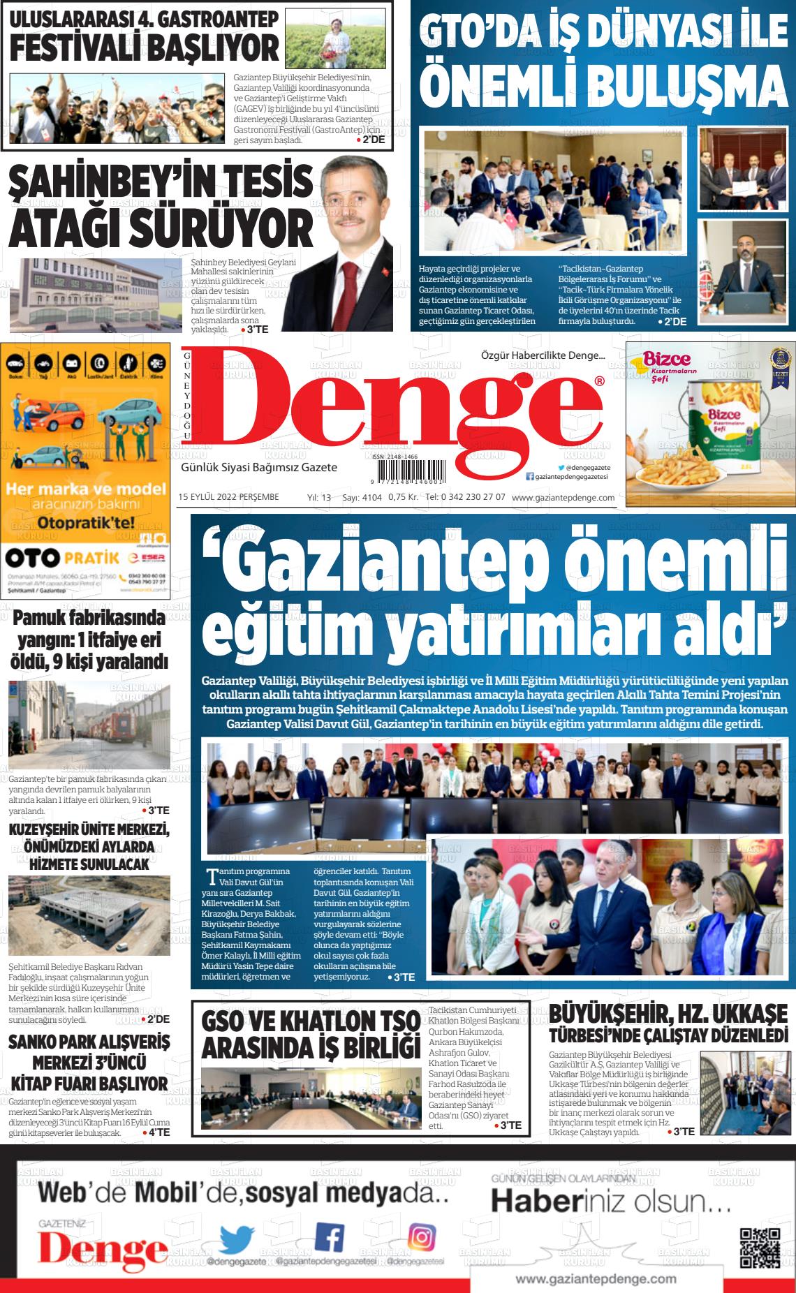 15 Eylül 2022 Gaziantep Denge Gazete Manşeti