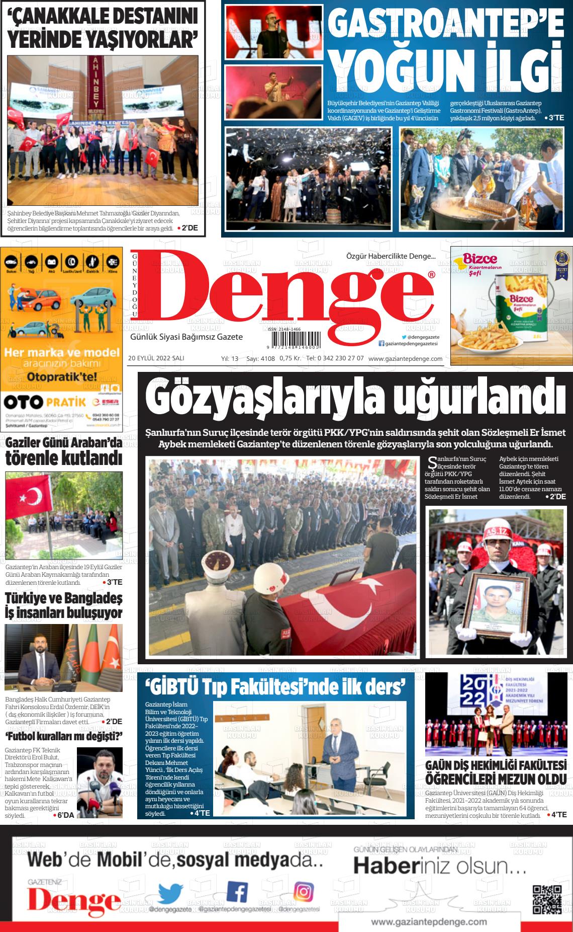 20 Eylül 2022 Gaziantep Denge Gazete Manşeti