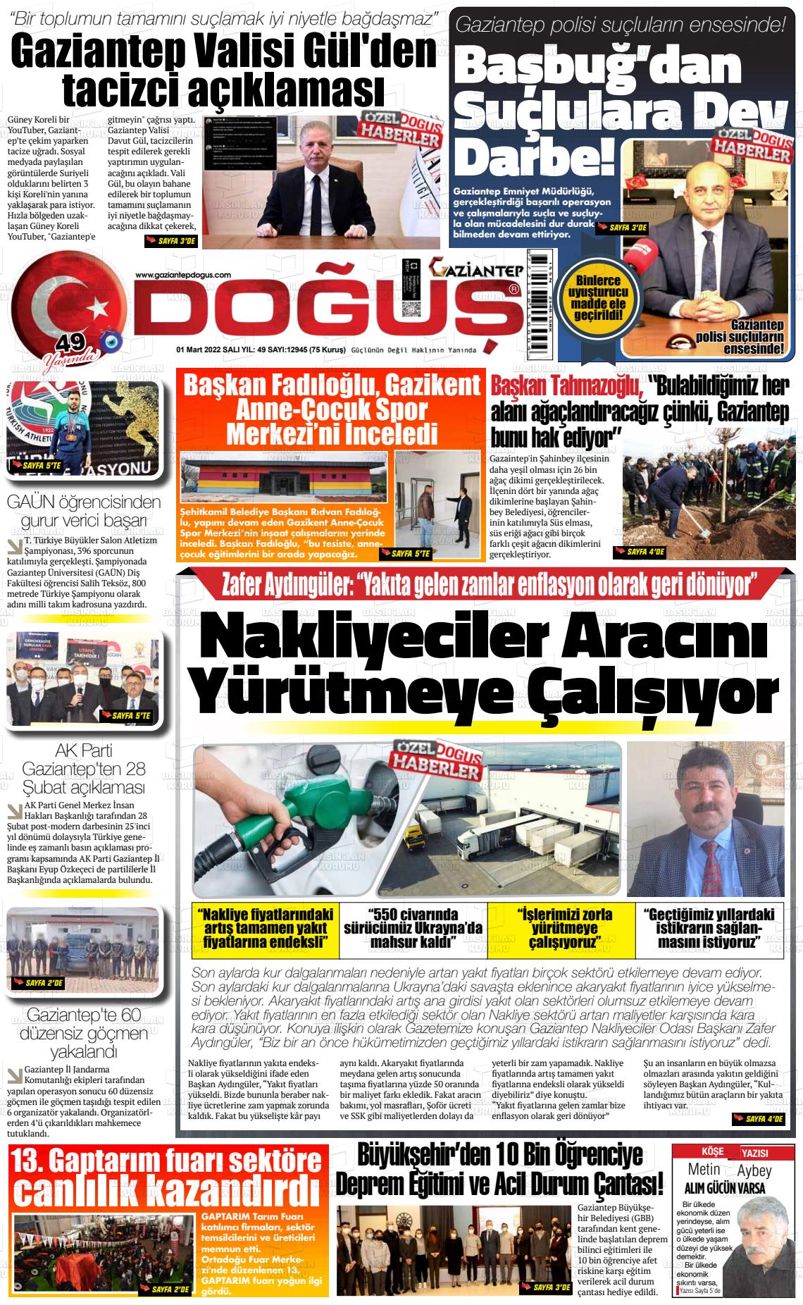 29 Nisan 2022 Gaziantep Doğuş Gazete Manşeti