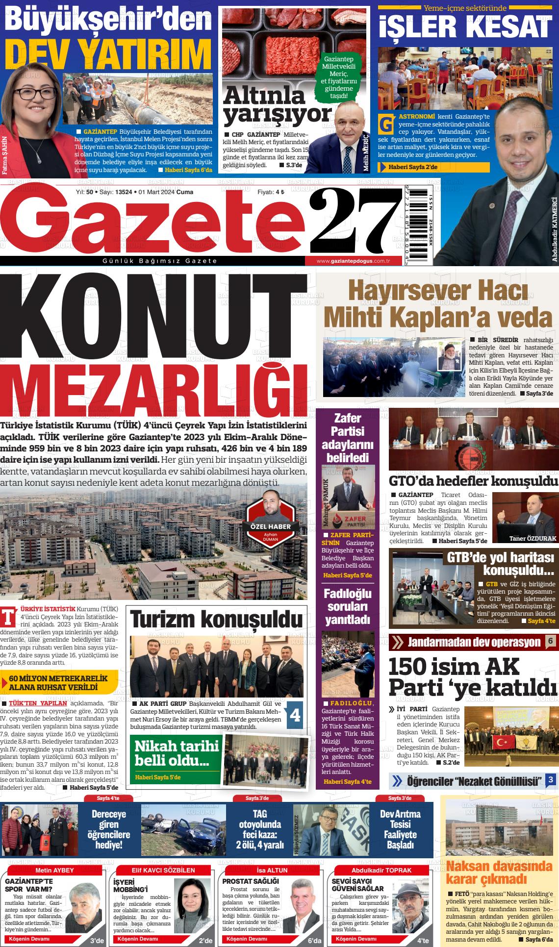 01 Mart 2024 Gaziantep Doğuş Gazete Manşeti